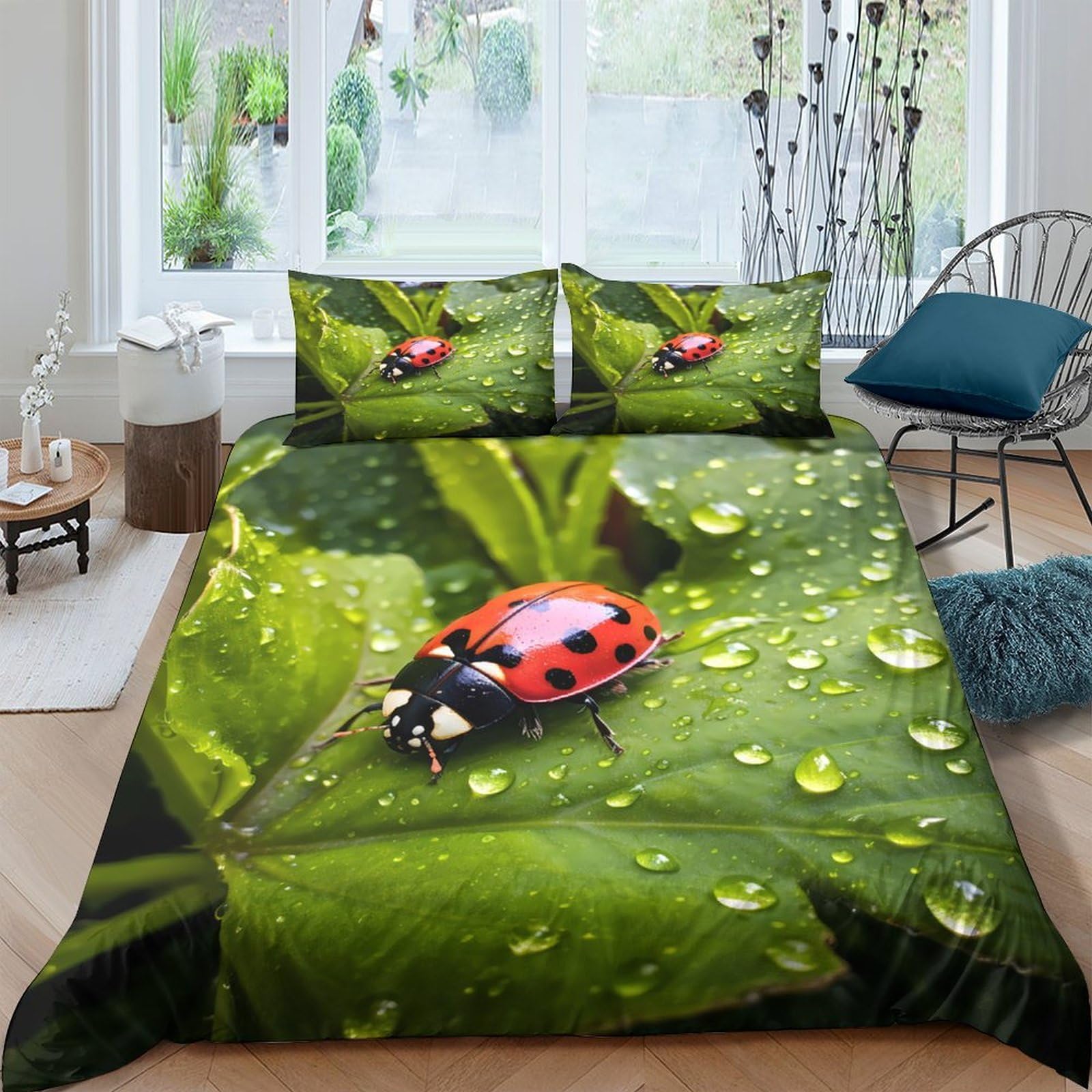 Ctjqhvkz Style-1 3D Printed Ladybug Dew Leaf Fitted Sheet Microfiber Soft Non Slip Bed Sheet For Bedroom Guest Room Decor Single（135X200cm）