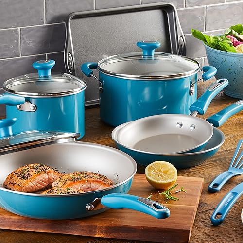 Miniatura 2 de Rachael Ray Get Cooking Juego de ollas y sartenes antiadherentes incluye sartén para hornear y herramientas de cocina 12 piezas turquesa