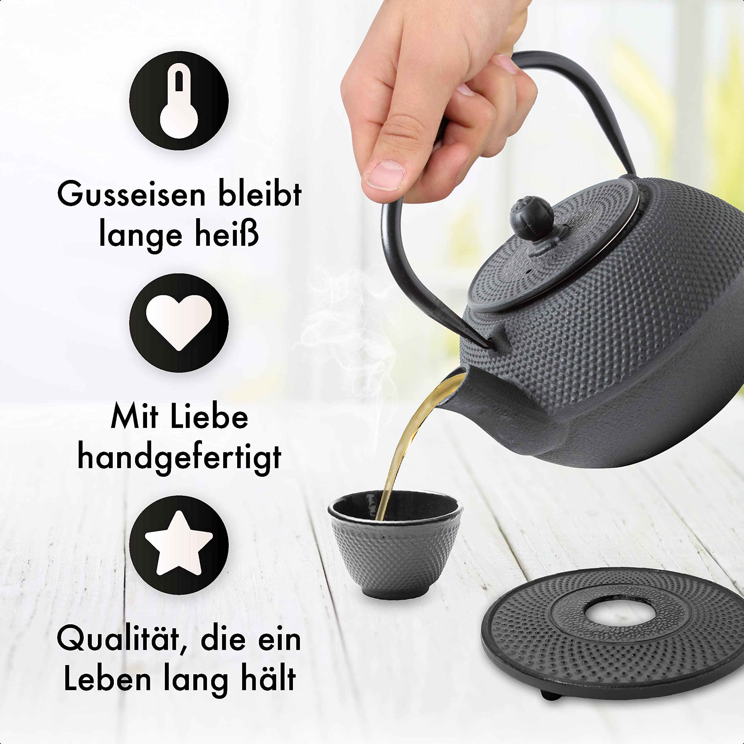 TEEKANNE GUSSEISEN SET 1,1 LITER IN GESCHENKBOX | Komplettes Teeservice aus Gusseisen | Gusseiserne Teekanne mit Siebeinsatz, Teetassen & Untersetzer | Teeset im Japanischen Stil | Schwarz