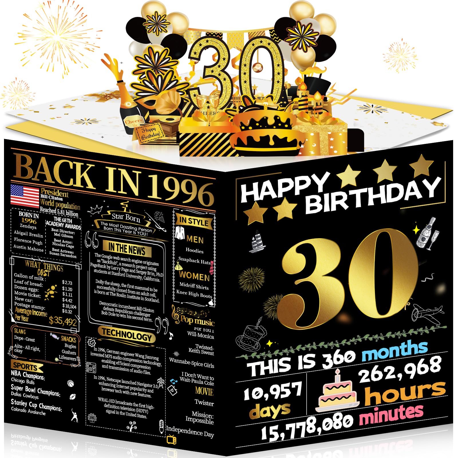 Joycard 30th Birthday Card for Women Men, 3D Pop Up Happy Birthday Gift for Her Him, Funny 30 year old Birthday Decorations for Daughter Son, Back in 1996 Laser Gold Retro Theme