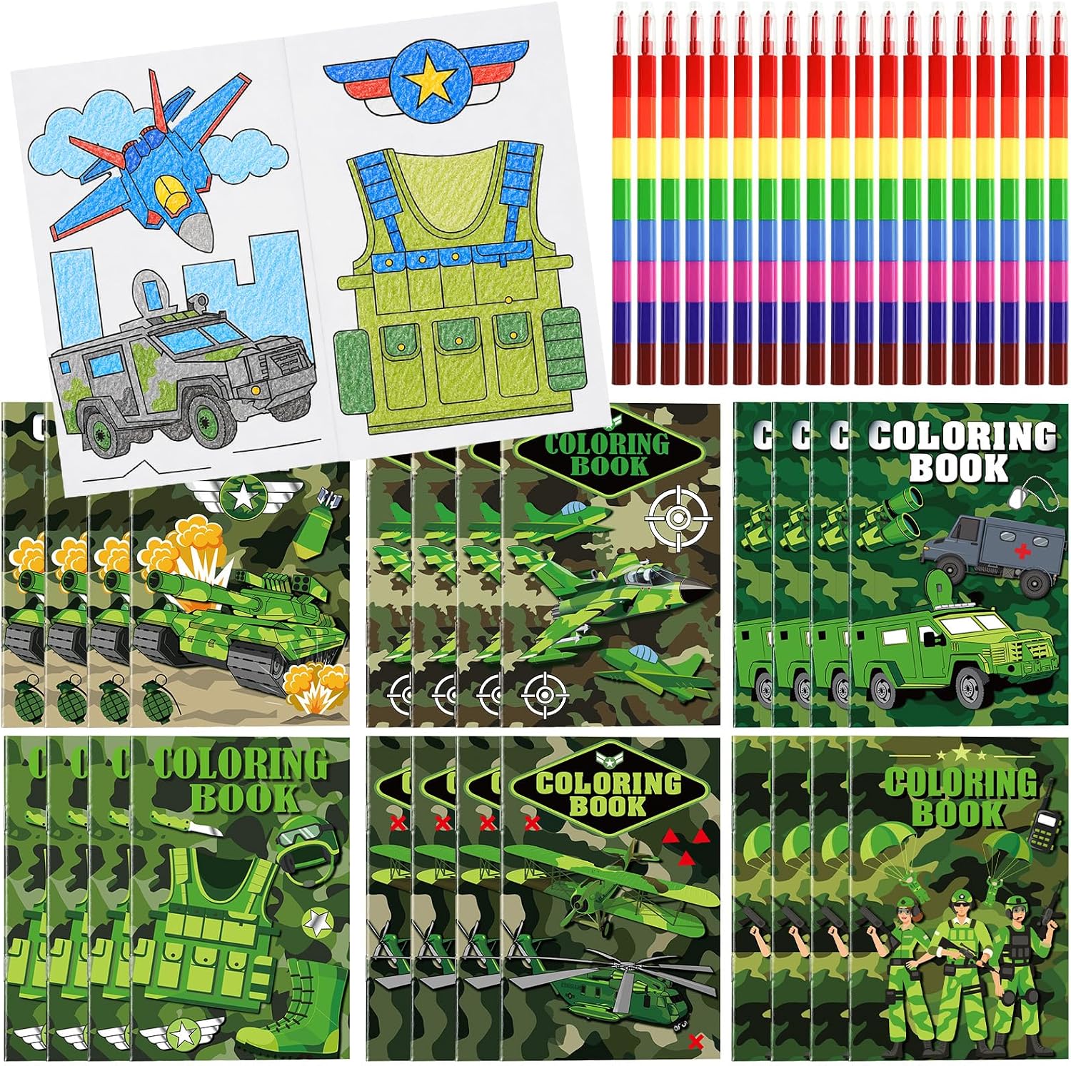 Cinrobiye 24 Set Military Coloring Books Bulk with Stacking Crayons, Army Camouflage Coloring Book Party Favors, Camo Birthday Party Supplies, Goodie Bag Fillers, Classroom Rewards, Activity Kits