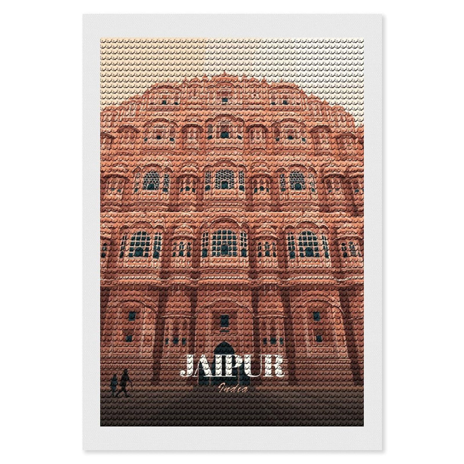 Junmoney Hawa Mahal, Jaipur, India Illustration Diamond Art Canvas 8"x12", for Adults, Pleasing Wall Art Project, Modern Decor, Gift Idea, Nice Detail and Sparkle