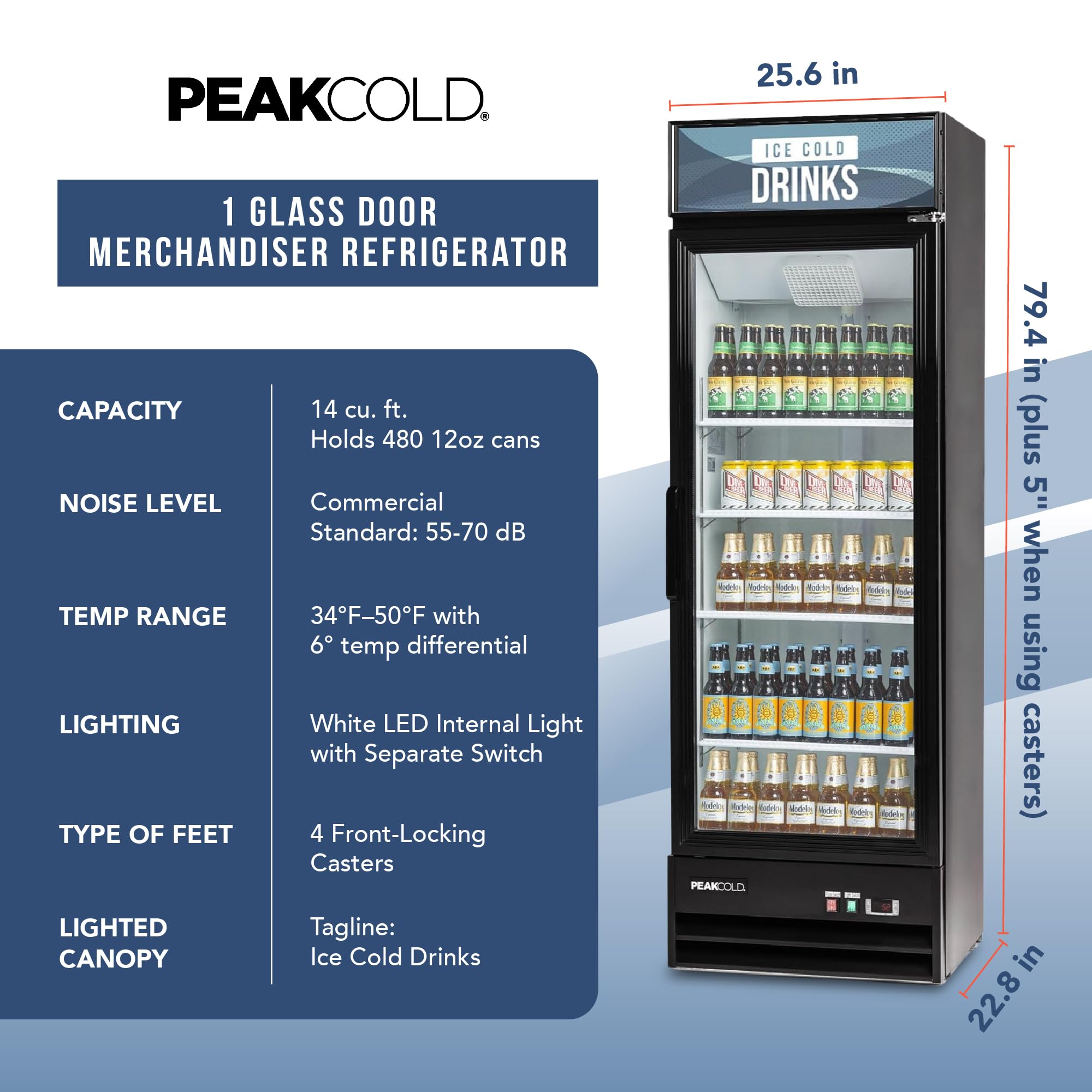 Peakcold 1-Door Display Refrigerator - 14 Cubic Ft, Energy Efficient, Black Merchandiser Refrigerator With Glass Door, White Interior & LED Lighting - Commercial Display Cooler on Fridge.com - View 6