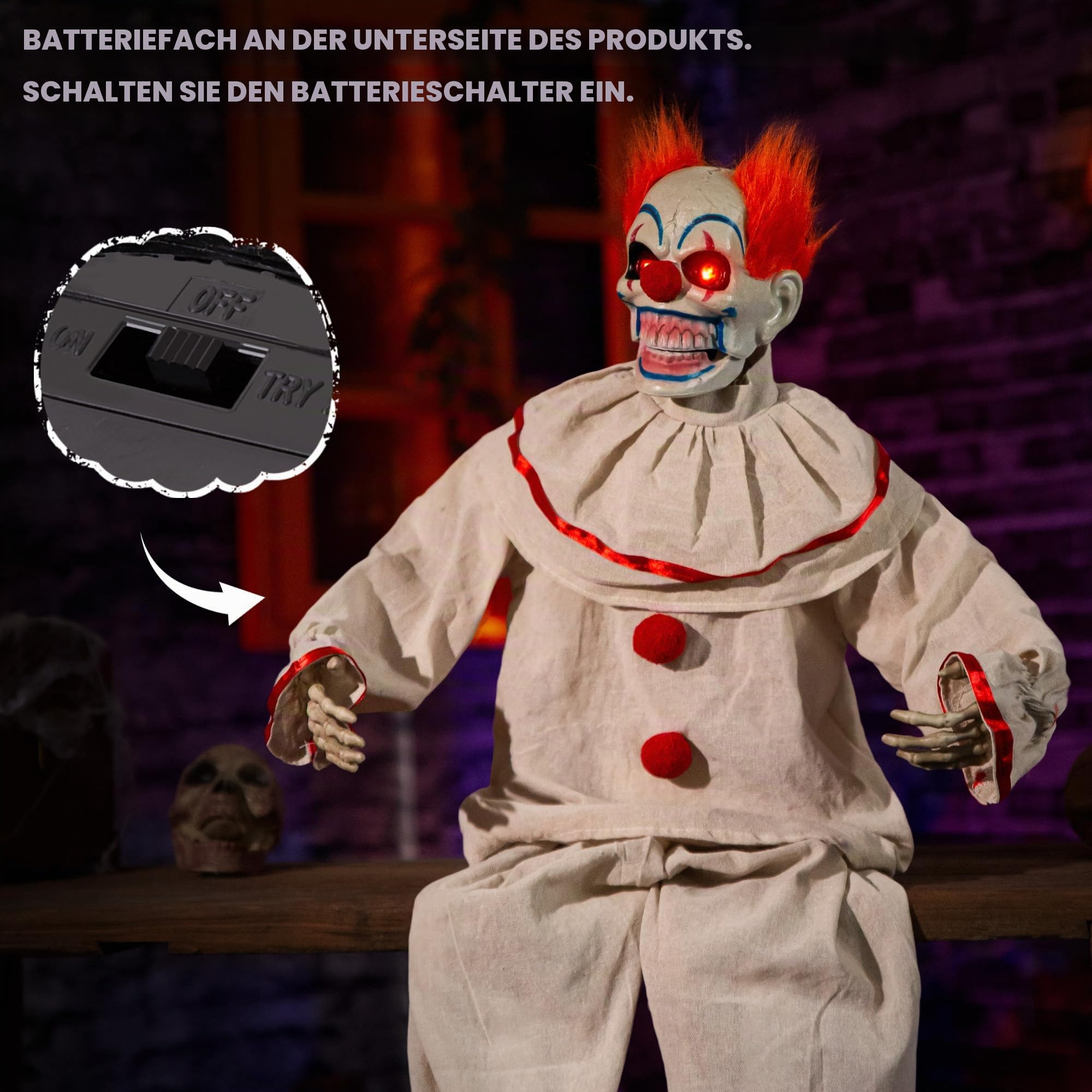 ELAMAS Animatronic sitzender Clown Halloween animierte Dekorationen - Sound aktiviert mit gruseligem Klang, leuchtende Augen, spukhafte Bewegung, Gruseldeko für Spukhaus und Horror-Requisiten