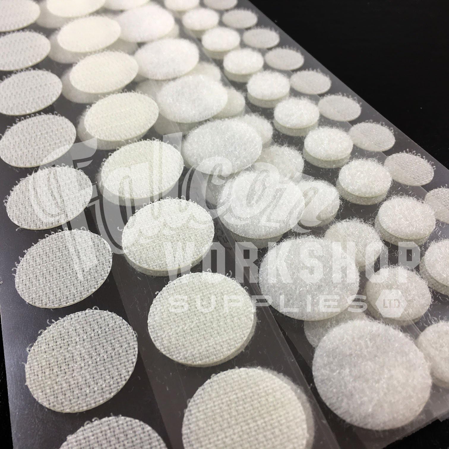 200 x 13mm ALFATEX® Brand Supplied by The Velcro® Companies Self Adhesive Coins White Dots Disc 200 Loop Side Only