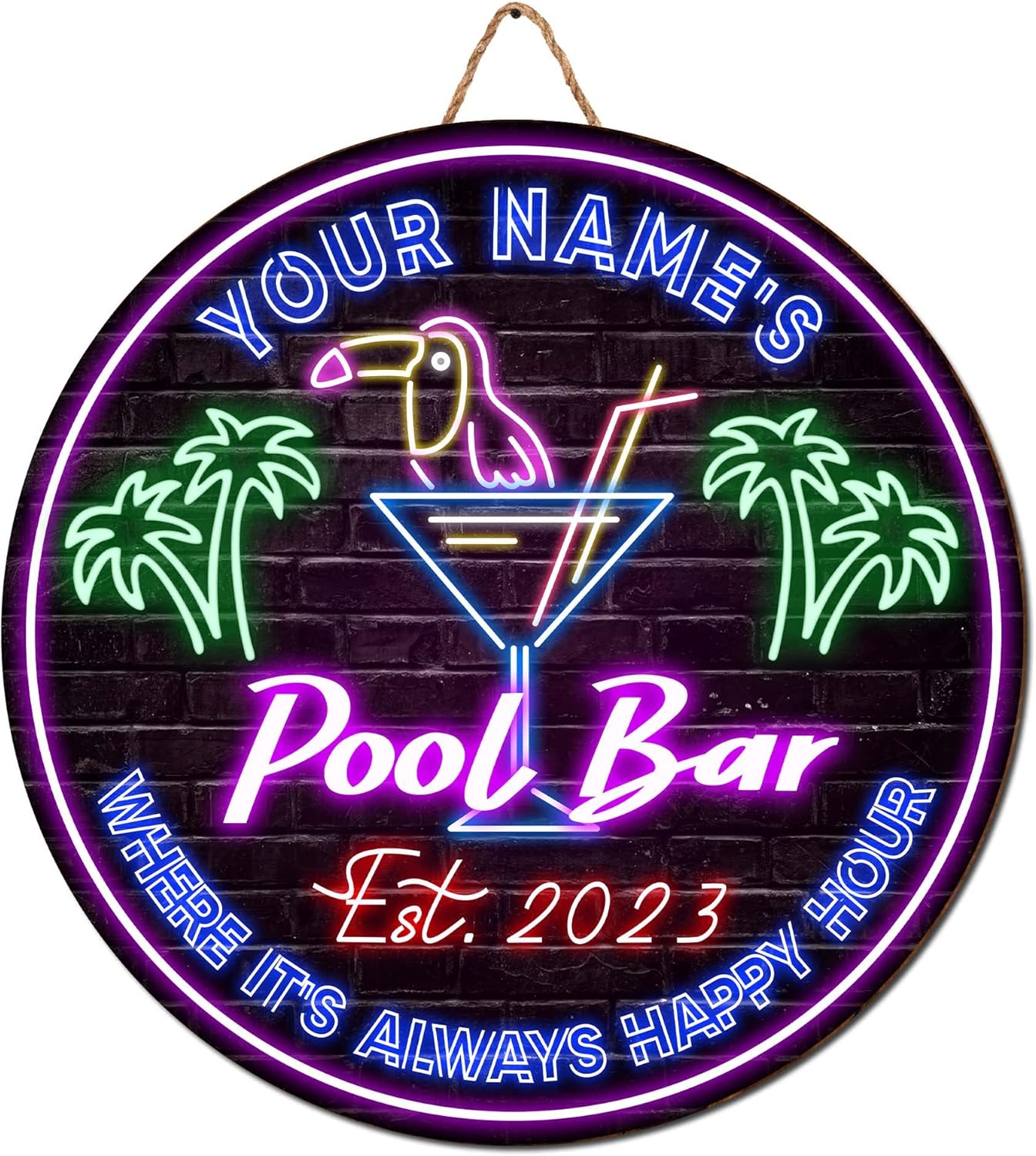 V VIBEPY All Over Printed No Real Neon Personalized Wooden Pool Bar Sign, Summer