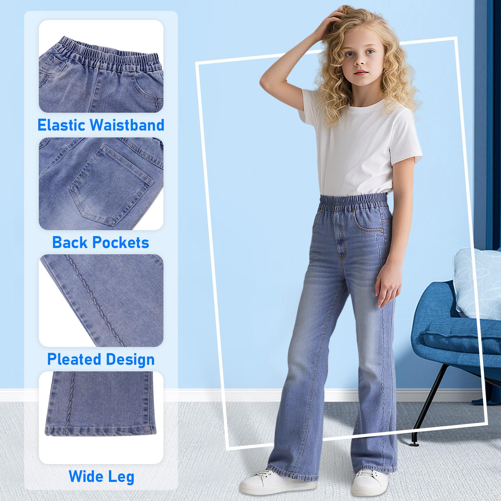 Vaqueros para Niñas, Baggy Cintura Elástica Denim Jeans Pierna Ancha Pantalones Azul Largo Jean con Bolsillos Casuales Moda Streetwear Junior Ropa Infantil Pants para 6-15 años