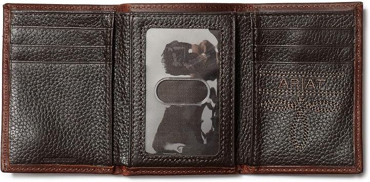 ARIAT Men's Trifold Wallet, Oil Tan Dark Copper Leather, Brand Concho, Multiple Slots