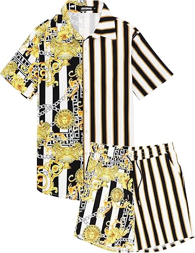 Miniatura 3 de JoZorro Conjunto de camisa hawaiana para hombre, camisas casuales con botones, 2 piezas, trajes de playa de verano de lujo