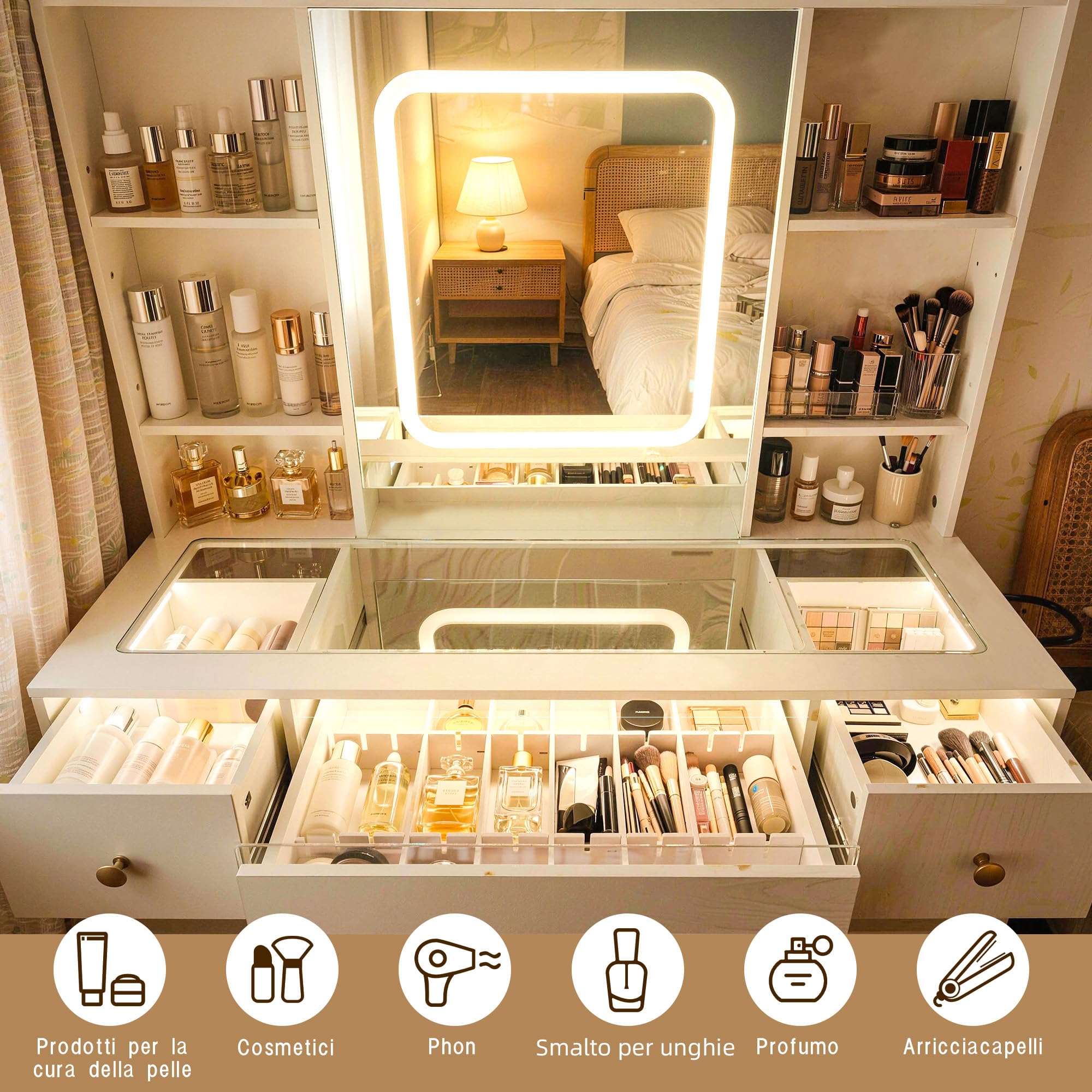 Toeletta Trucco con Luci LED Regolabili e Prese, Tavolo da Trucco con Specchio, Organizer, 9 Cassetti, 7 Ripiani, Porta Phon, per Camera da Letto e Cabina Armadio, Bianco JBDT001WT