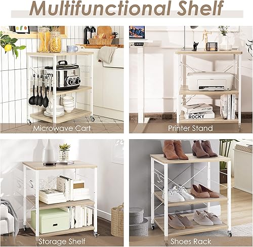 Miniatura 7 de Giantex Kitchen Baker's Rack - Carrito de 3 niveles para microondas con ruedas, carrito de barra industrial con 10 ganchos, marco de metal, estantes