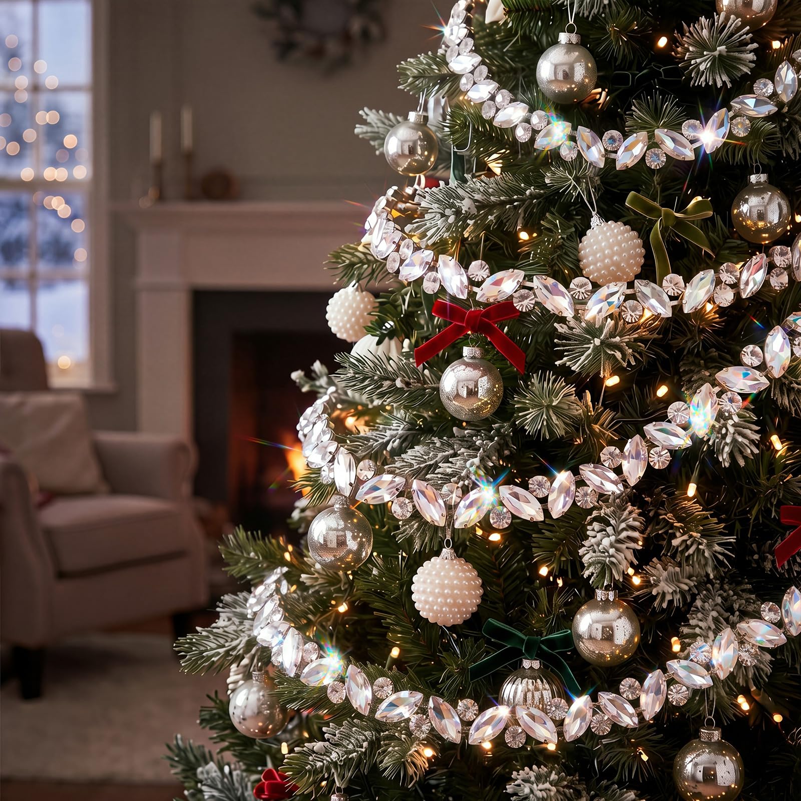Yookeer Guirlande de perles en cristal argenté de 3,7 m pour sapin de Noël, navette à suspendre et fil rond en strass pour maison, couronne, cheminée, rampe, décoration de fête de mariage