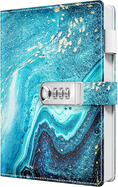 Huamxe Diary with Lock, Personal Locking Journal for Women girls, Leather Hardcover Notebook A5 5.9" x 8.7", 200 Pages Thick Paper, Cute Refillable Journals for Writing Journaling, Ocean Blue Marble
