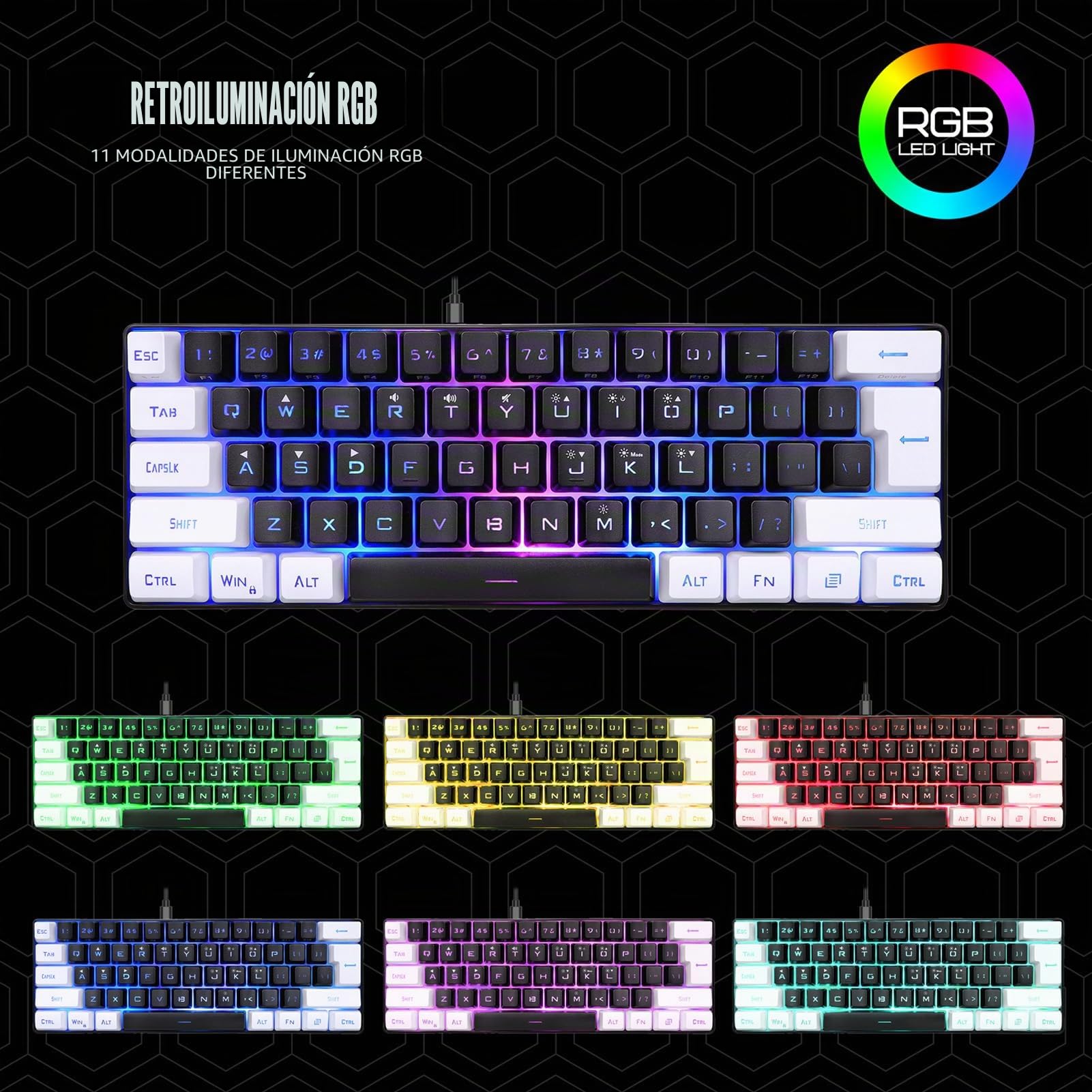 XUMIUZIY Teclado para Juegos con Cable 60%, Mini Teclado para Juegos con Sensación Mecánica, Teclado Ultracompacto de 61 Teclas con Retroiluminación RGB, Teclado Ergonómico para