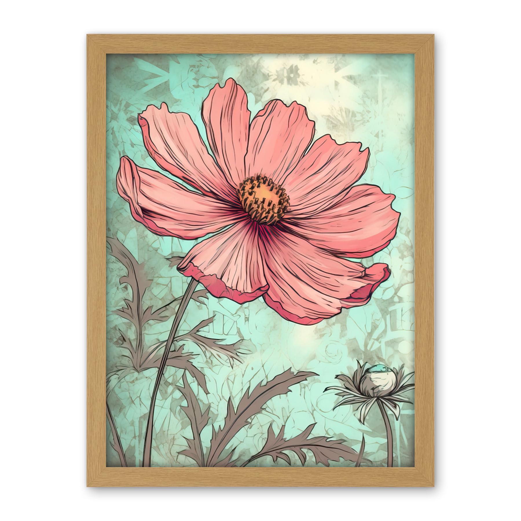 Artery8 Cosmos Flower Bloom Soft Pink and Teal Watercolour Artwork Framed Wall Art Print 18X24 Inch