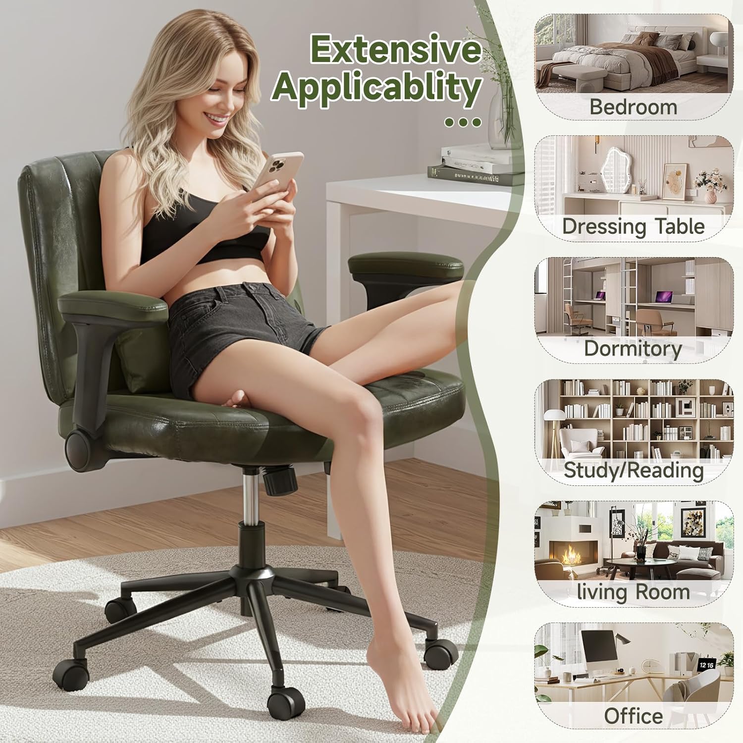 Criss Cross Chair with Wide Seat, Flip-Up Arms & Wheels, Ergonomic Home Office Desk Chair with Lumbar Pillow, Adjustable Height Vanity Rolling Chair for Vanity or Home Office(PU Green)