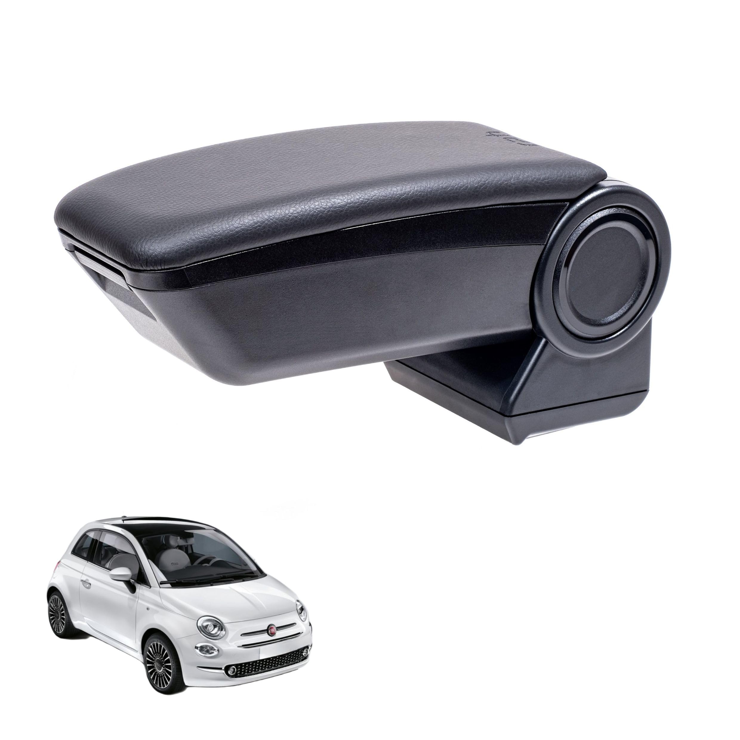 Rati Armster 3 Armlehne kompatibel für FIAT 500 2016-2024 [schwarz,vegan Leder] nachrüstbare Mittelarmlehne mit Staufach (nicht zum 500e)