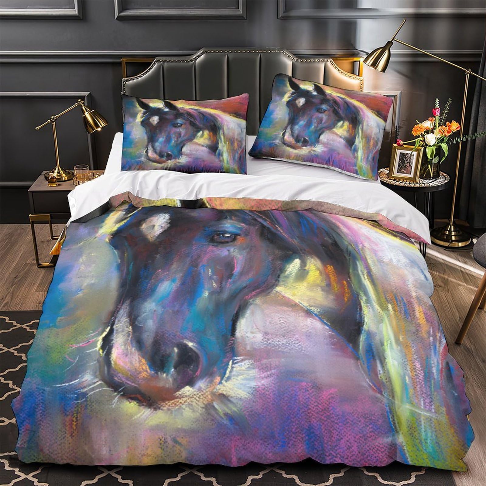 Housse de couette cheval lavable en machine, microfibre légère et respirante 260x220cm