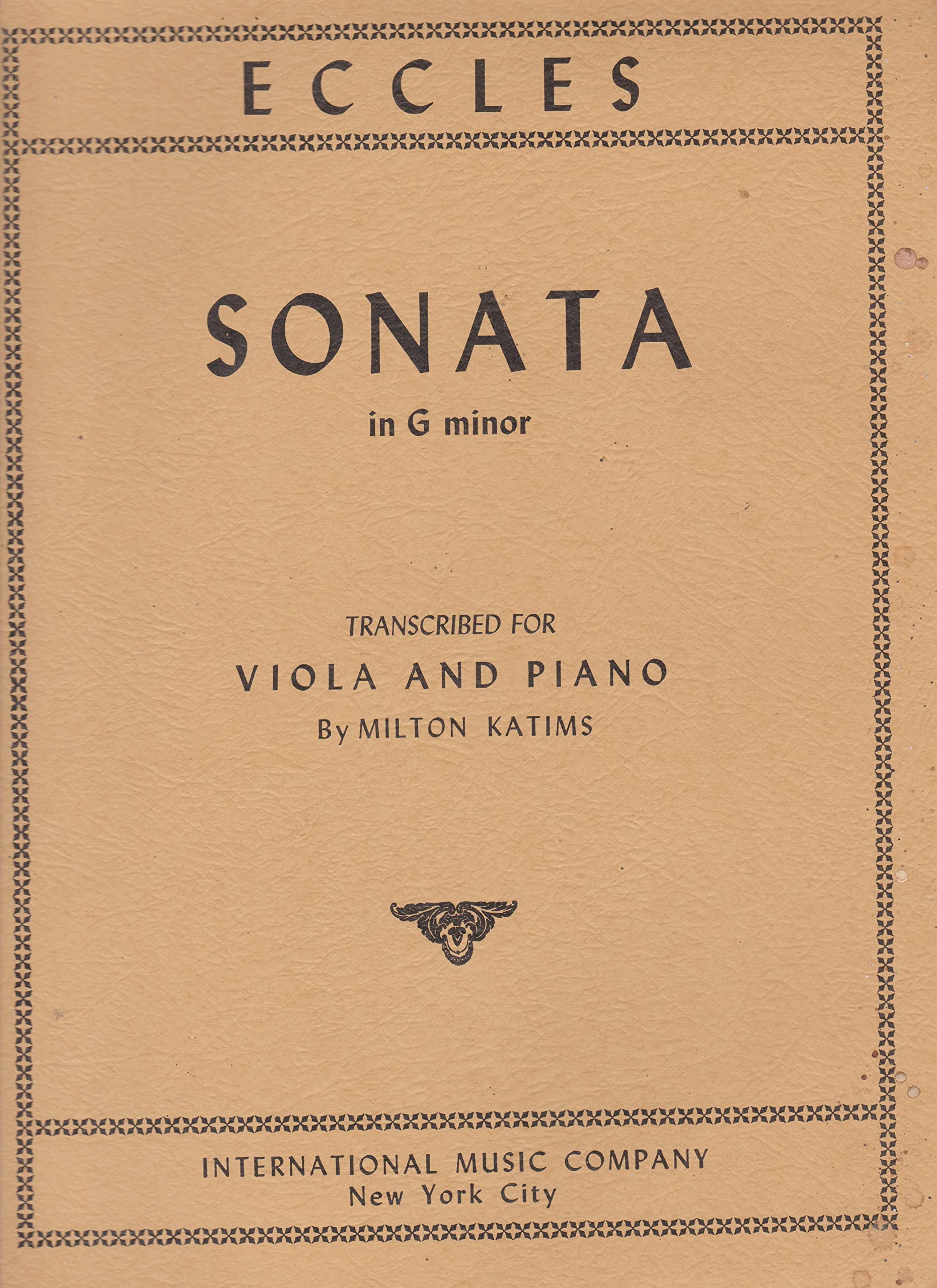 Eccles, Henry - Sonata in g minor - Viola and Piano - edited by Milton Katims - International