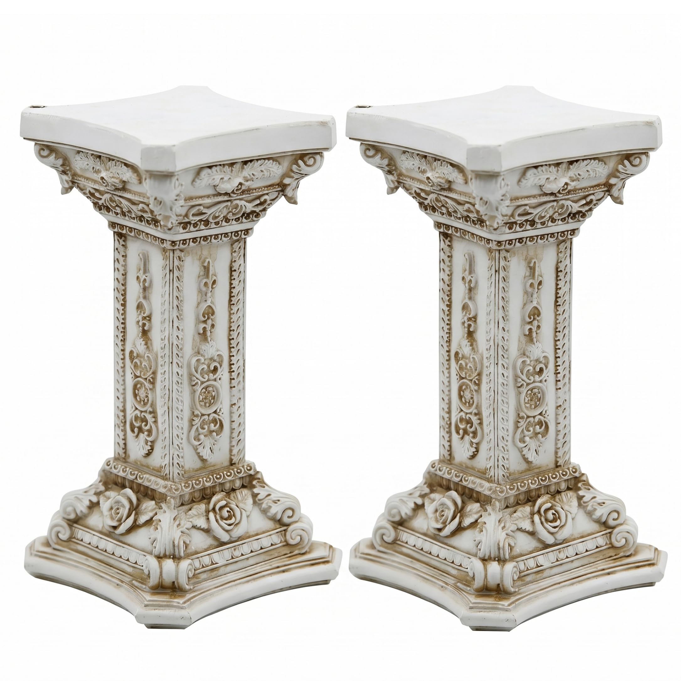 Tsawntd Statues, 2PCS Roman Columns And Pillars, Vintage Embossed Resin Roman Pillar Stand Outdoor Garden & Flower Pot Base Decor, 5X9in