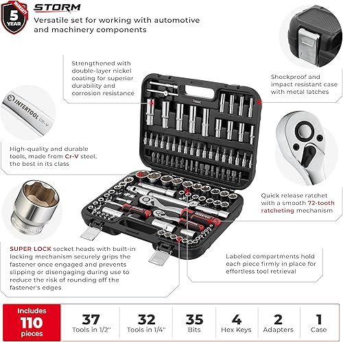Miniatura 2 de INTERTOOL Kit de herramientas de mecánico y juego de zócalos, métrica, 14 y 12, 110 piezas, estuche de almacenamiento resistente a prueba de golpes