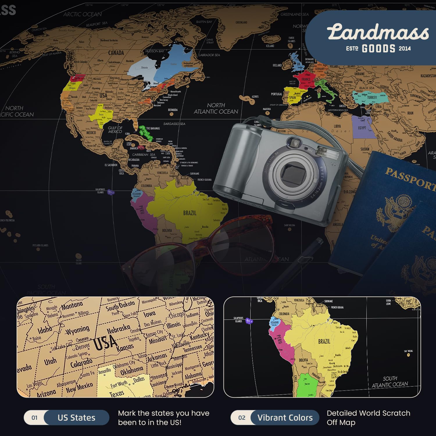 Landmass Mapa del mundo para rascar, decoración de póster grande para viajeros, 91 x 61 cm | La cartografía detallada incluye fronteras de países, banderas y capitales mundiales