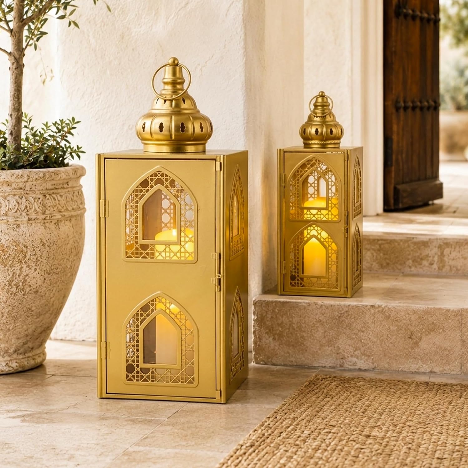 TRIROCKS 2 Pcs Gold Moroccan Lanterns, Decorative Candle Lanterns