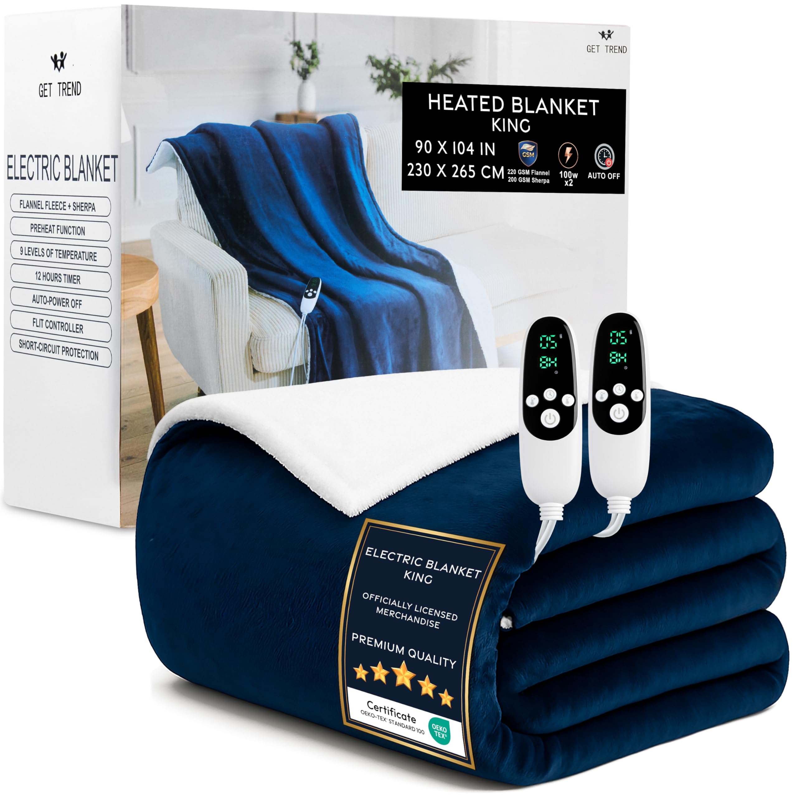 Get Trend Coperta Riscaldante Elettrica King 230x265 cm, Plaid in Pile Sherpa, 9 Livelli, Timer 12 Ore, Riscaldamento Elettrico Rapido, Idea Regalo Cosy (Blu Navy, King EU)