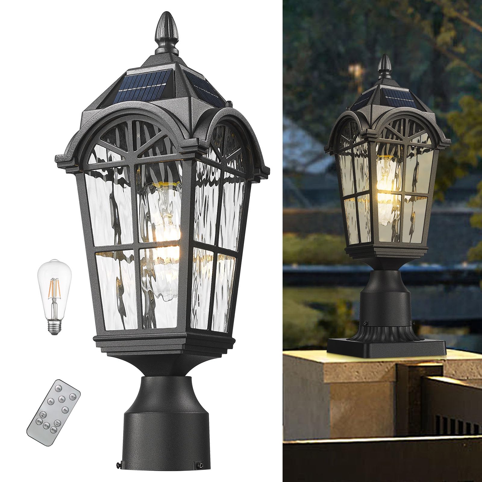 Starcurin Outdoor Post Lights Solar Powered with Remote Control, Dusk to Dawn Aluminum Pole Lamp with Water Ripple Glass, Weatherproof Exterior Pillar