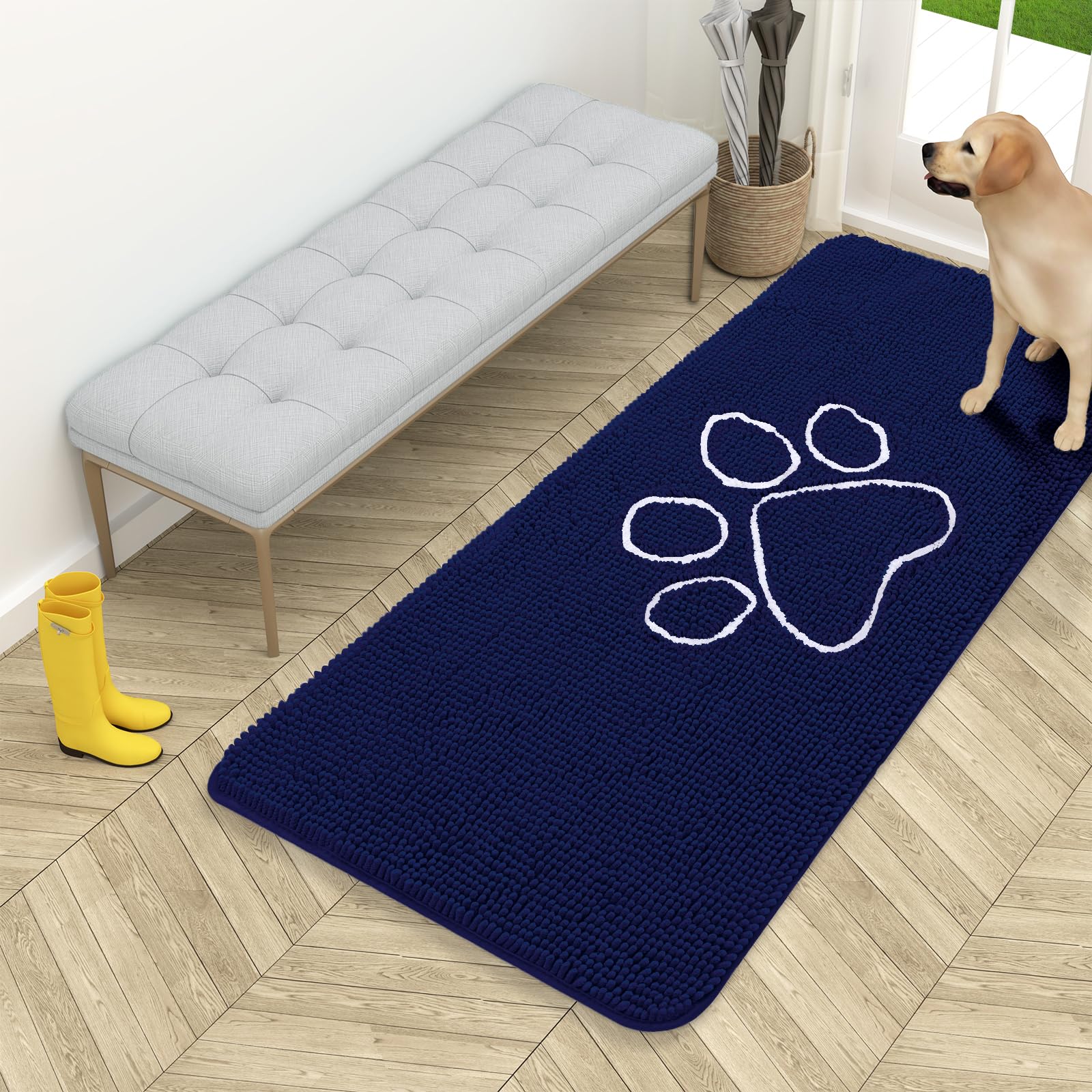 OLANLY Dog Door Mat for Muddy Paws 54x24, Paw Print Design Chenille Mud Mat