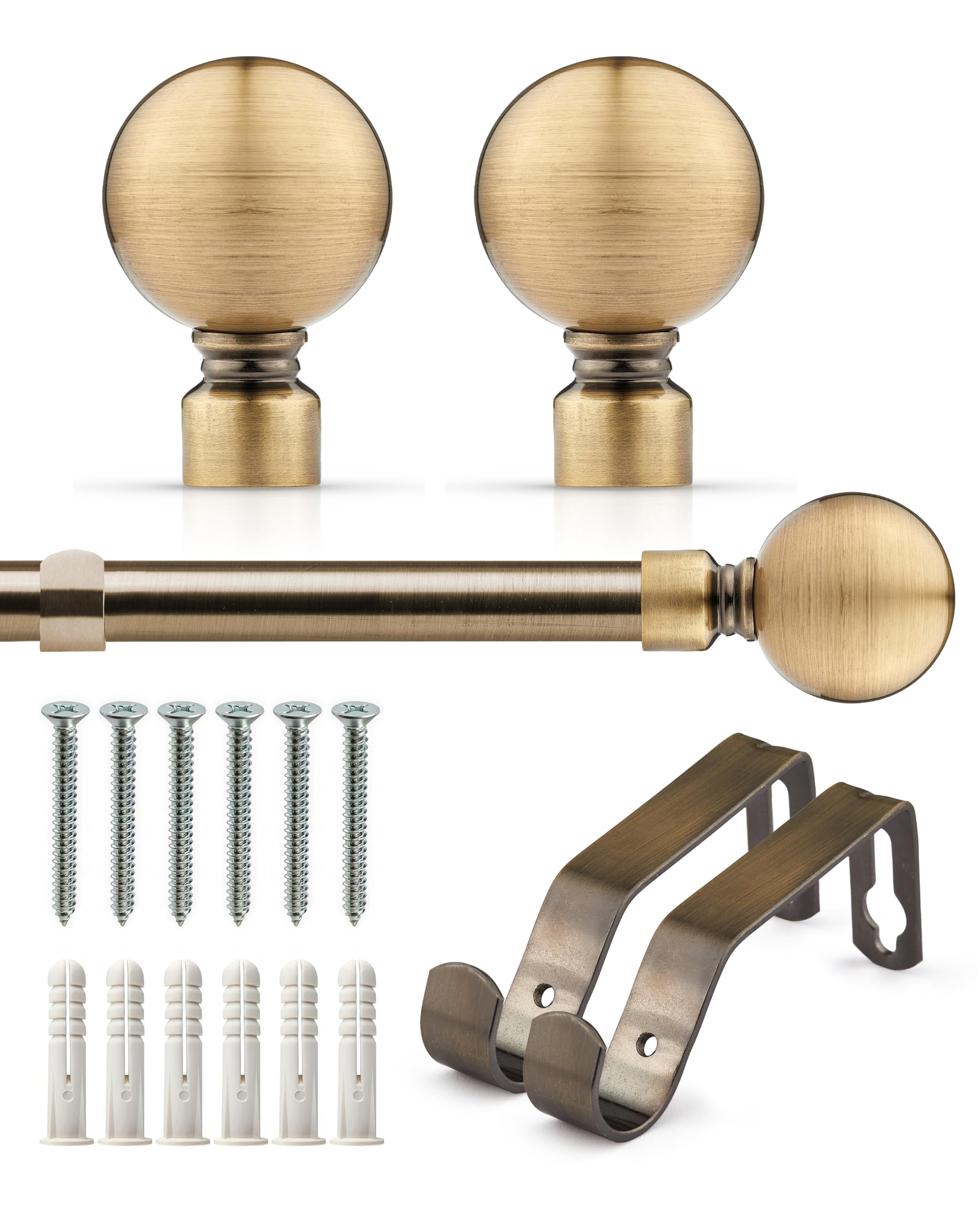 Emma Barclay Extendable Curtain Pole With Finials Brackets & Fittings Sets 16-19mm in Antique Brass Metal Curtain Poles For Eyelet Curtains Rod - Ball Collection 1.2m - 2.1m Antique Brass