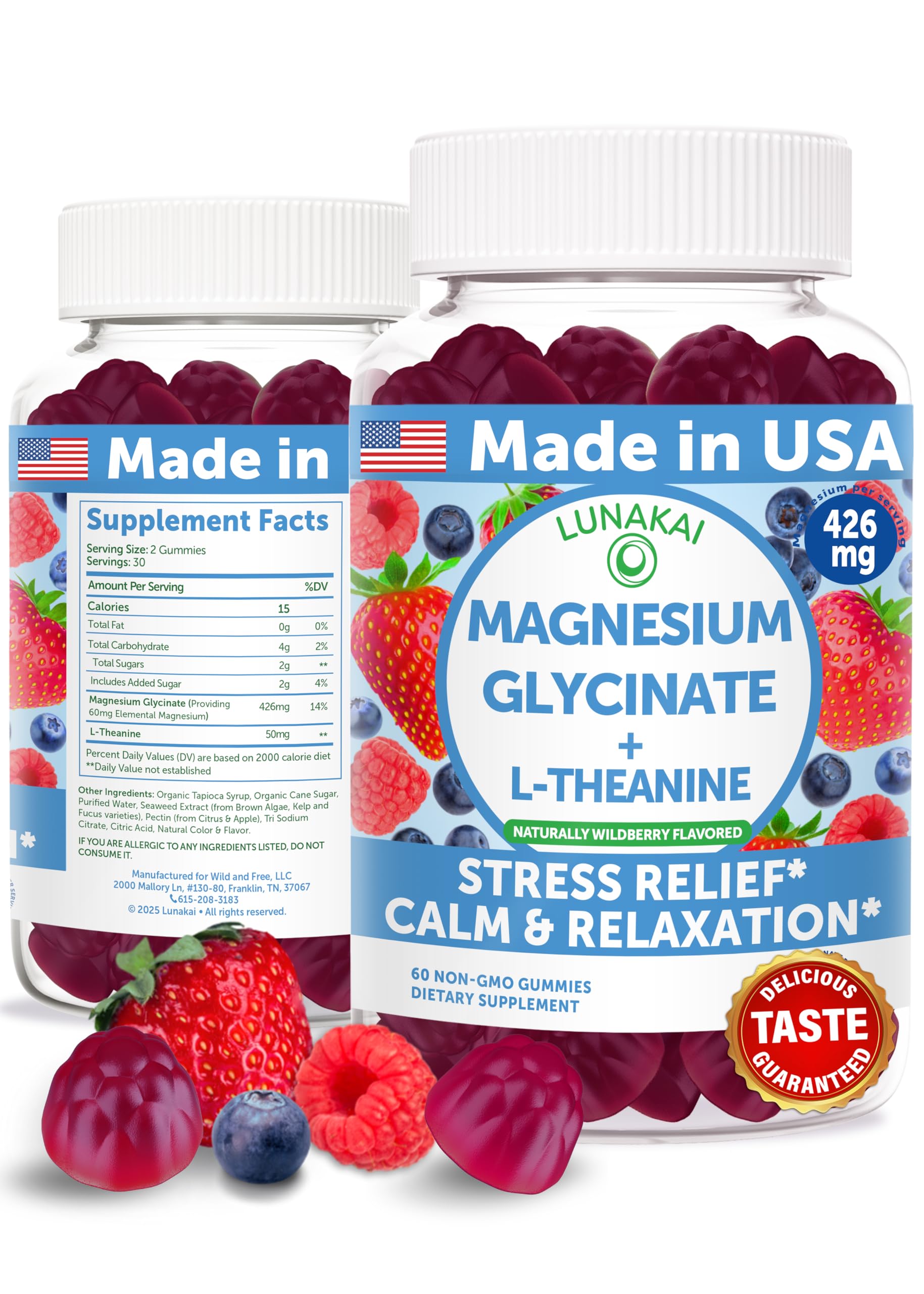 Magnesium Glycinate Gummies 426mg with L-Theanine, Made in USA - Calm, Sleep & Stress Relief for Adults & Kids - Non-GMO, Vegan, 60 Count