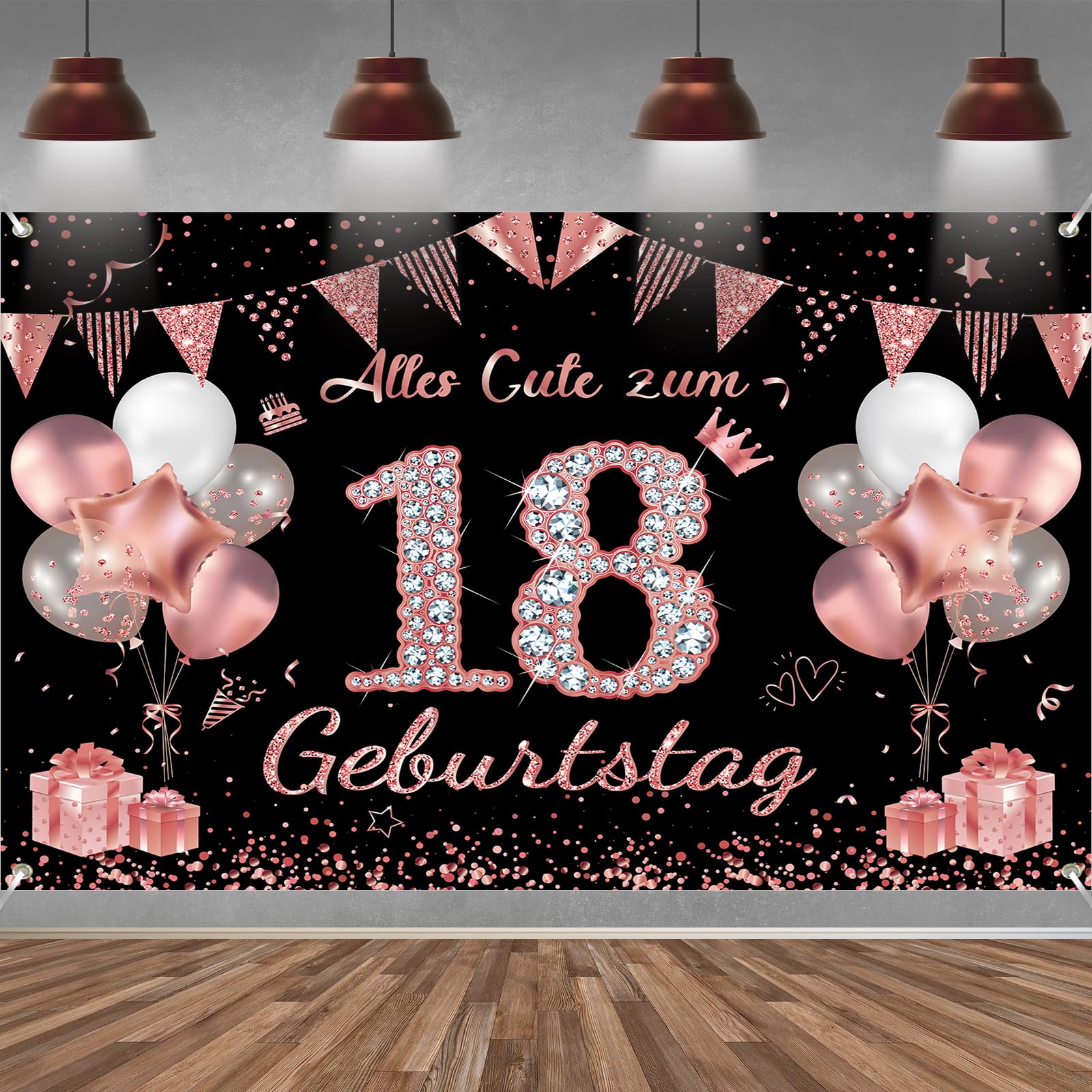 18. Geburtstag Banner Mädchen Deko Roségold Schwarz 18 Geburtstag Hintergrund Banner, Extra Große Stoff Schild Poster für 18. Geburtstagsparty Deko, 210x150 cm