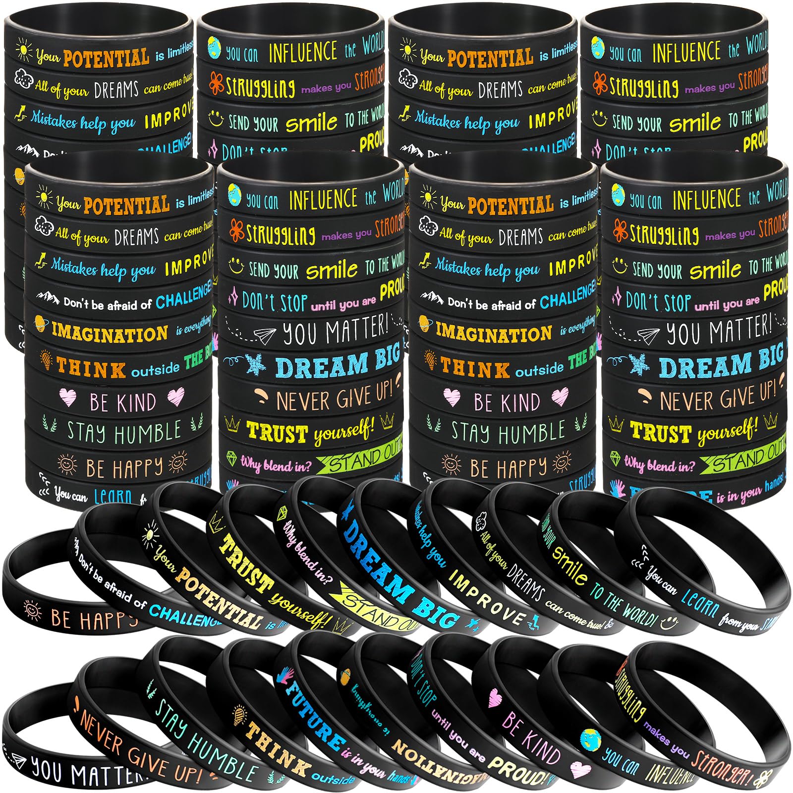 60 Pcs Motivational Silicone Bracelets Motivational Quote Rubber Wristbands Inspirational Silicone Wristband for Kids Children Teens Women Men School