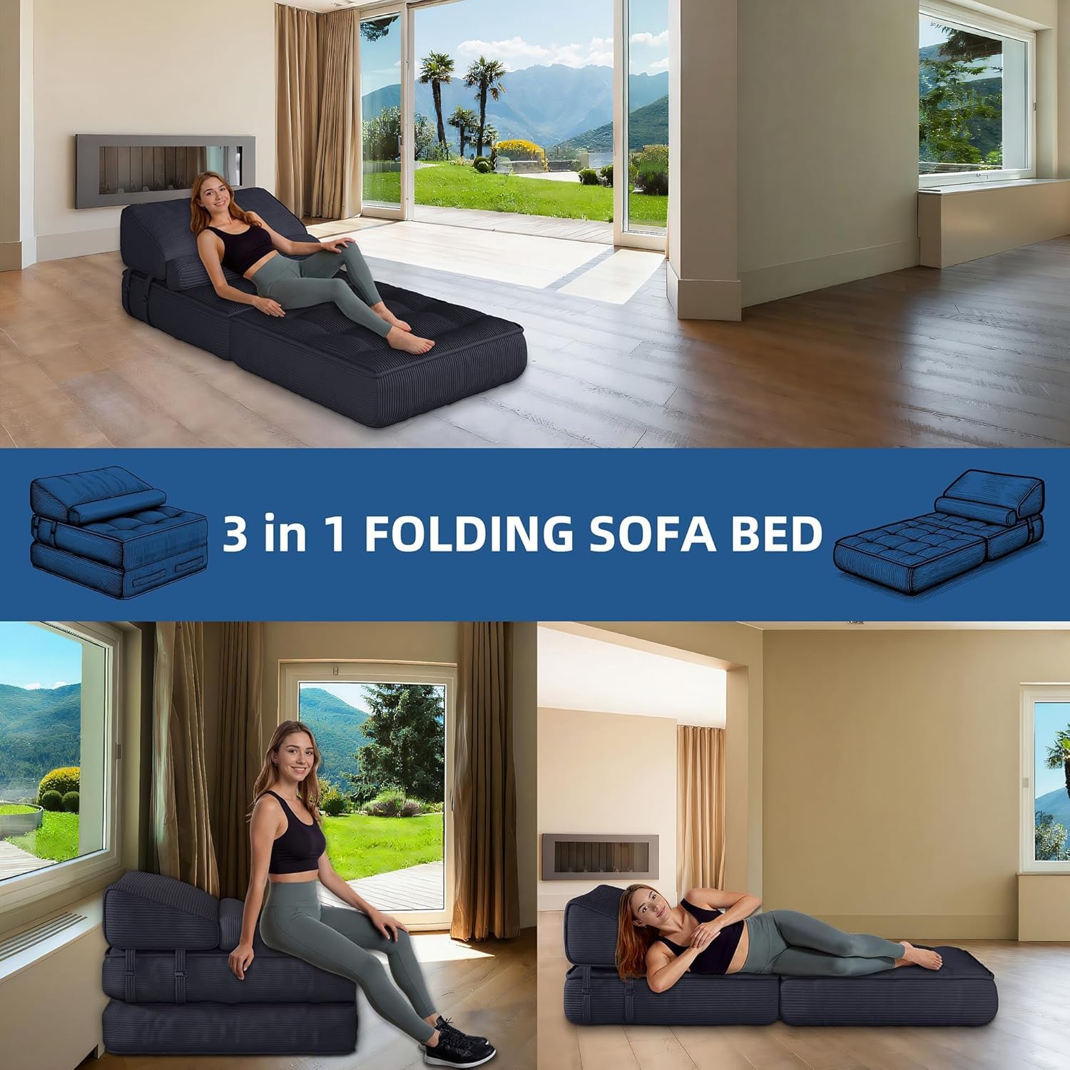 Folding Sleeper Chair Bed - Adults Convertible Sofa Chair for Living Room, Bedroom, Black