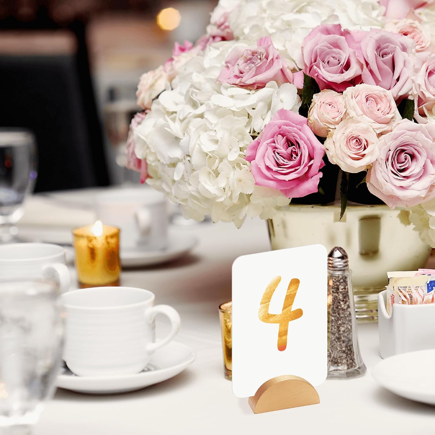 24 Pcs Gold Table Number Stands, Wooden Indoor Wedding Place Card Holders Semicircular Table Name Holder for Photos Office Tag Birthday Banquet Party Restaurant Menu