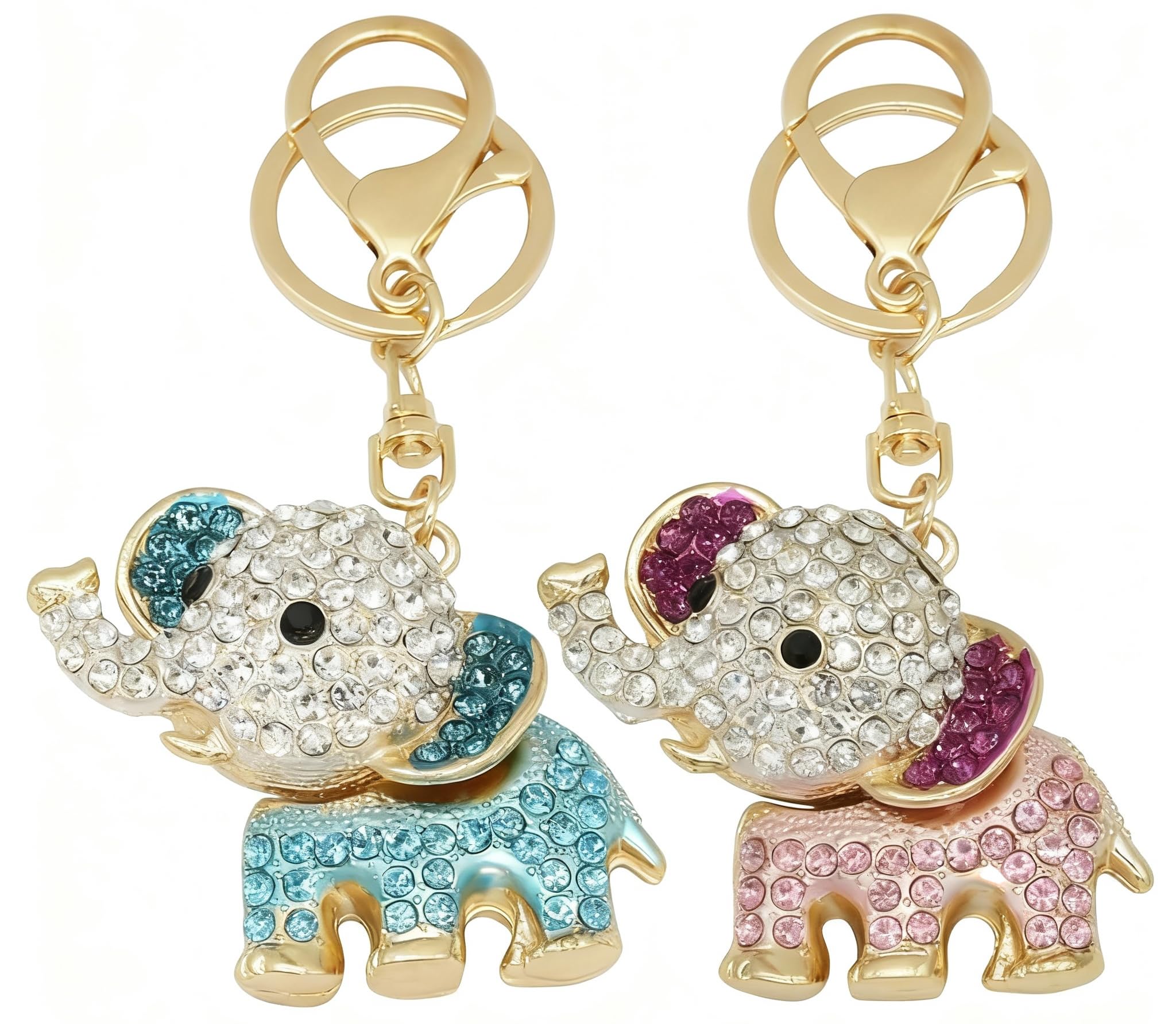 Moydolo Women's Blue Pink 2Pcs Bling Rhinestone Elephant Keychain Charms Cute Crystal Elephant Keyring Pendant For Girls Handbags Purse