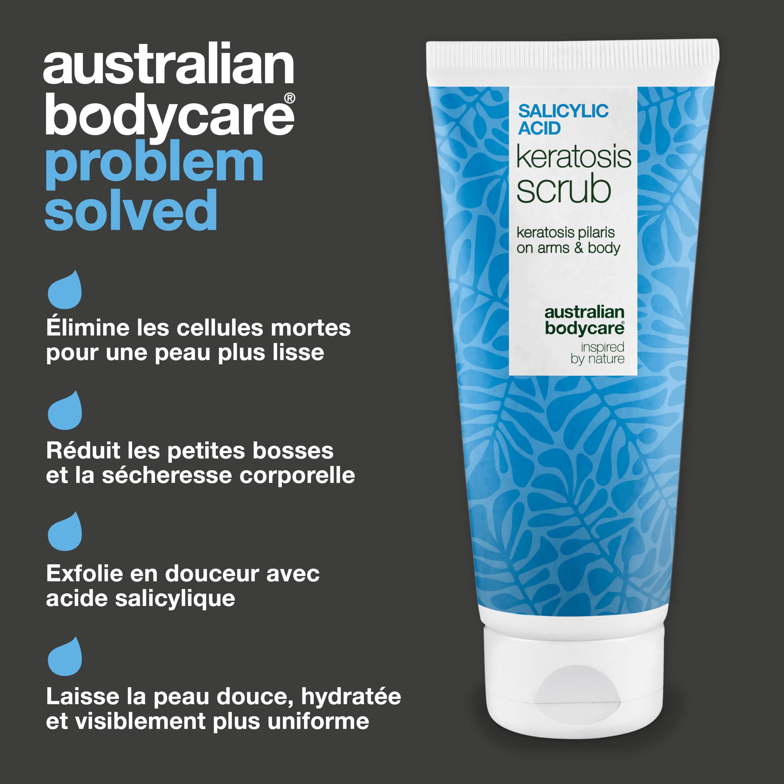 Gommage Corps Exfoliant kératose pilaire traitement, peau de fraise et poils incarnés – peeling chimique (AHA/BHA) + physique à double action à l’acide salicylique, acide glycolique et noyau d’abricot