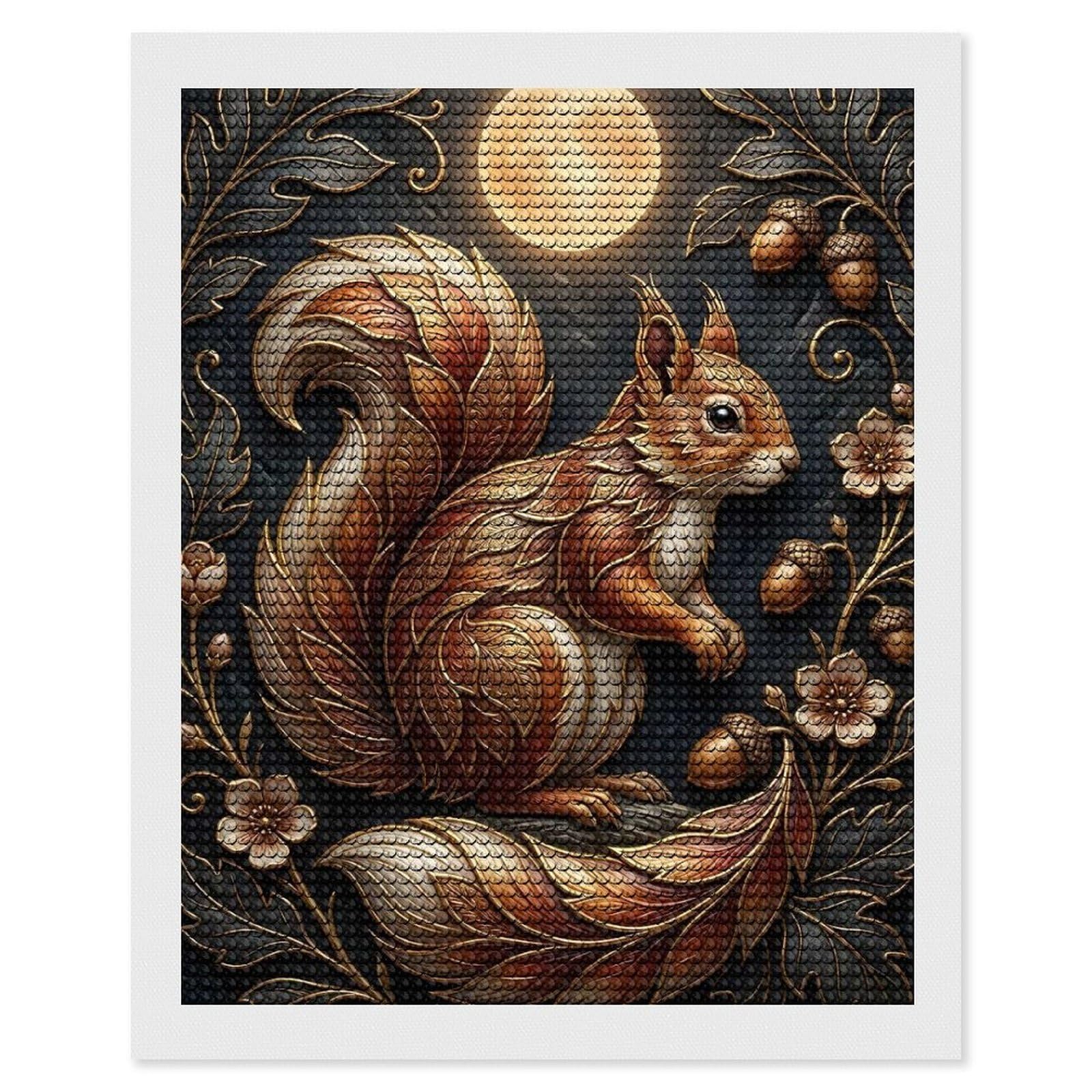 Junmoney Ornate Squirrel with Moon and Acorns DIY Diamond Art Canvas Kit 16"x20", Farmhouse Decor, Vintage Style Decor, Handmade Wall Decor, Canvas Picture