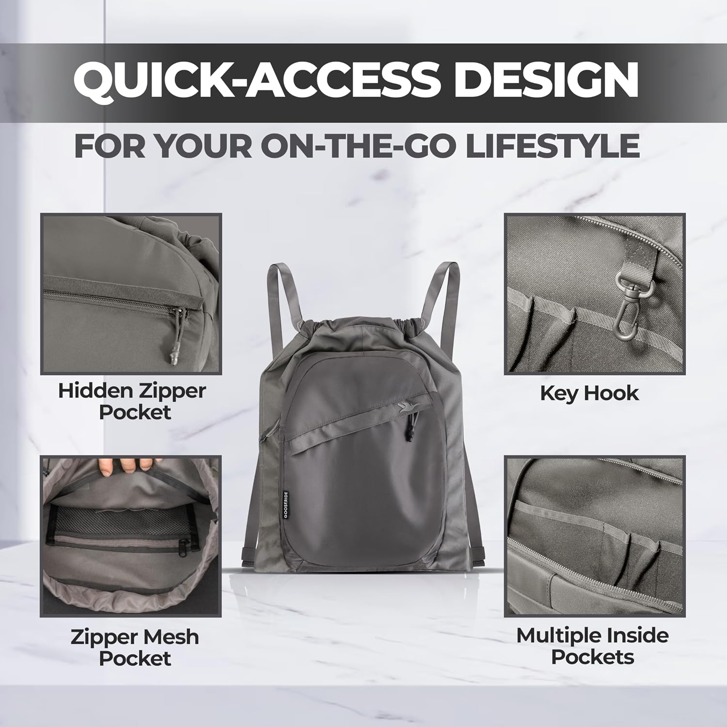 Sports Drawstring Backpack, Waterproof Gym Cinch Bag - Gray
