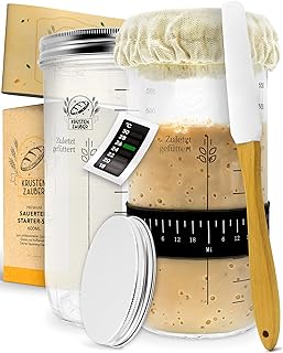 Krustenzauber Sourdough Starter Set, 2 x 600 ml Fermentation Jars with Spatula and Thermometer, Bread-Baking Accessories, Empty Sourdough Fermentation Jar, Glass, Starter Kit