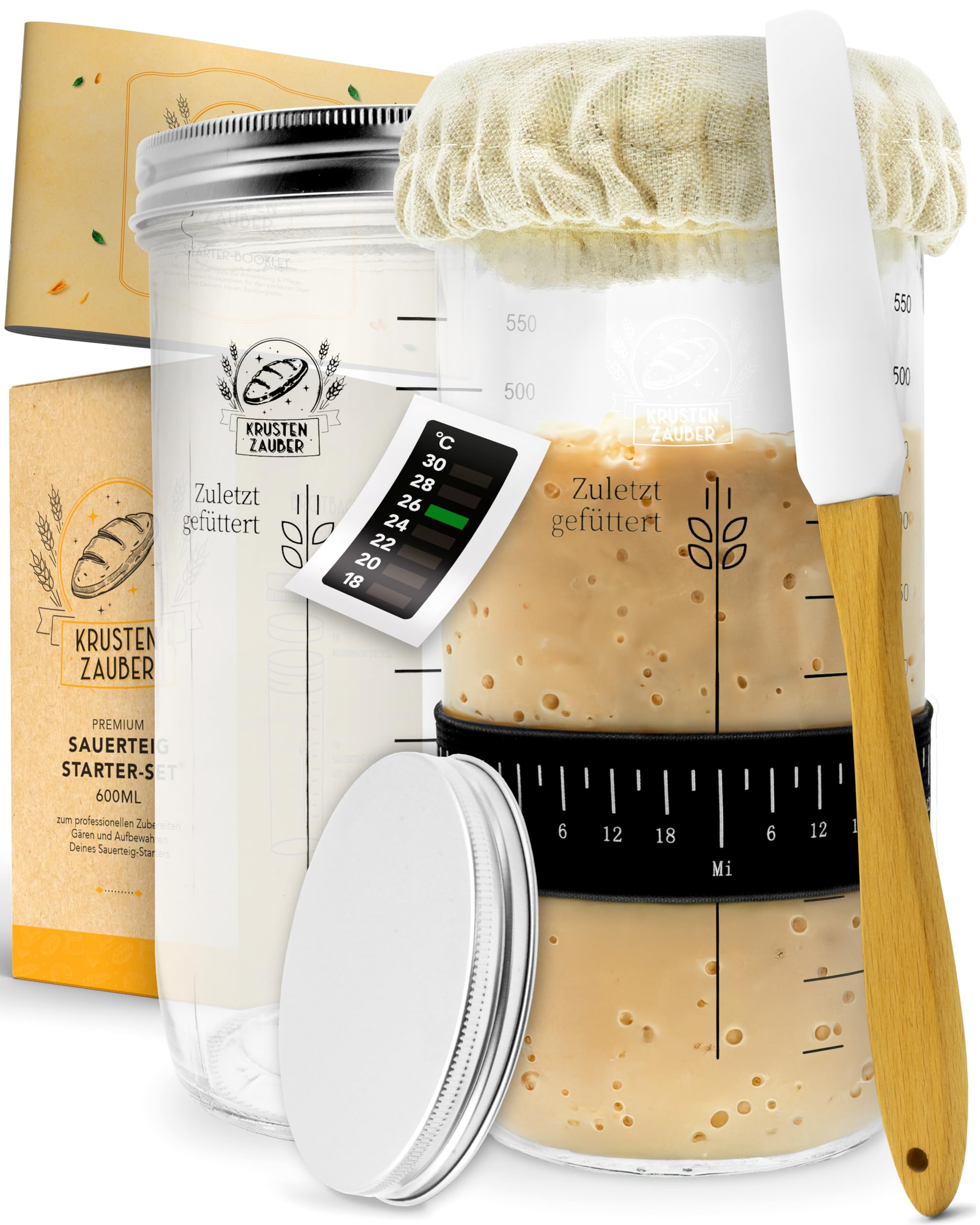 KRUSTENZAUBER Sauerteig Starter Set 2x 600ml Gärglas mit Spatel Thermometer Brot Backen Zubehör