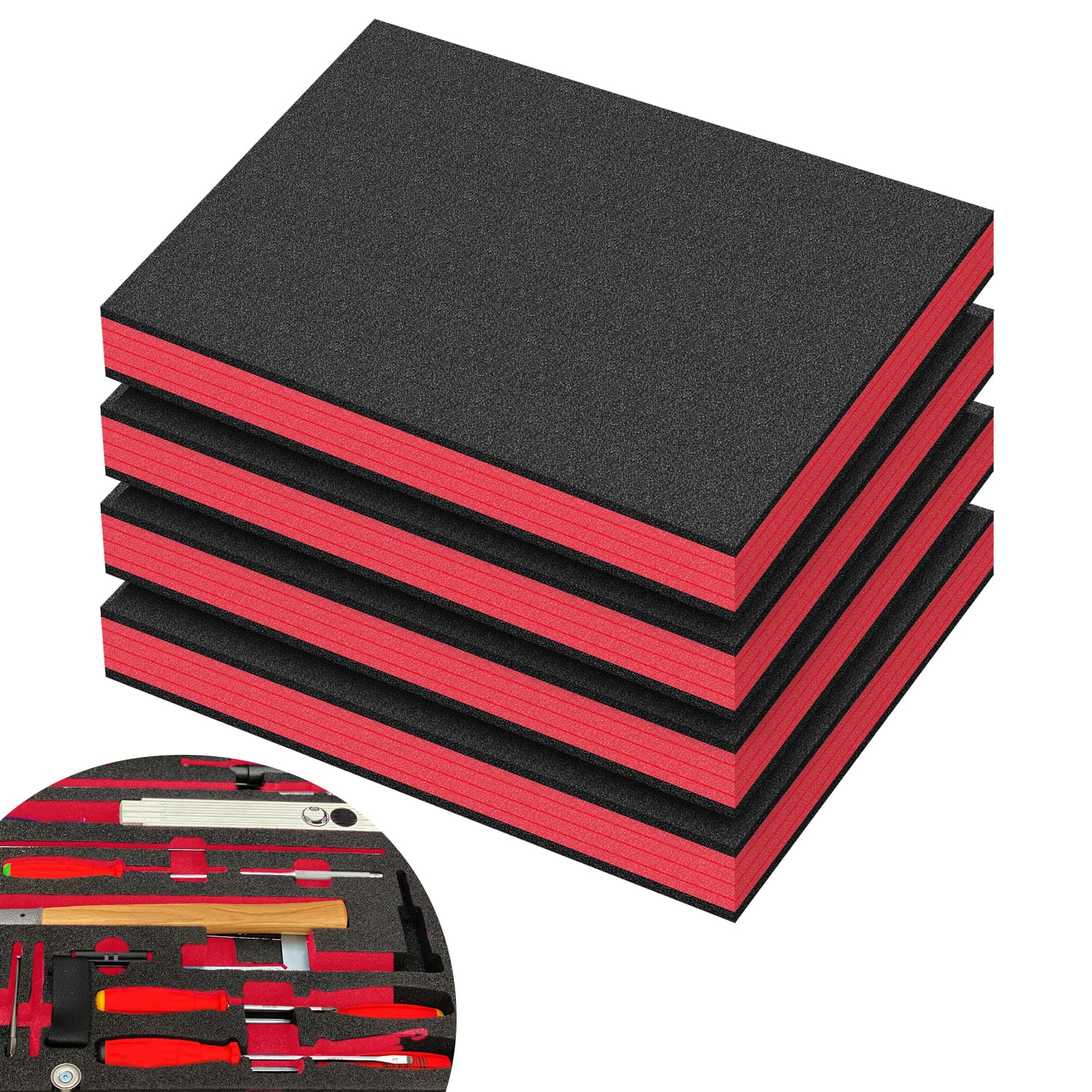Lámina de espuma 4 piezas inserto de espuma para caja de herramientas organización de cajas (40×30×5cm, Rojo)
