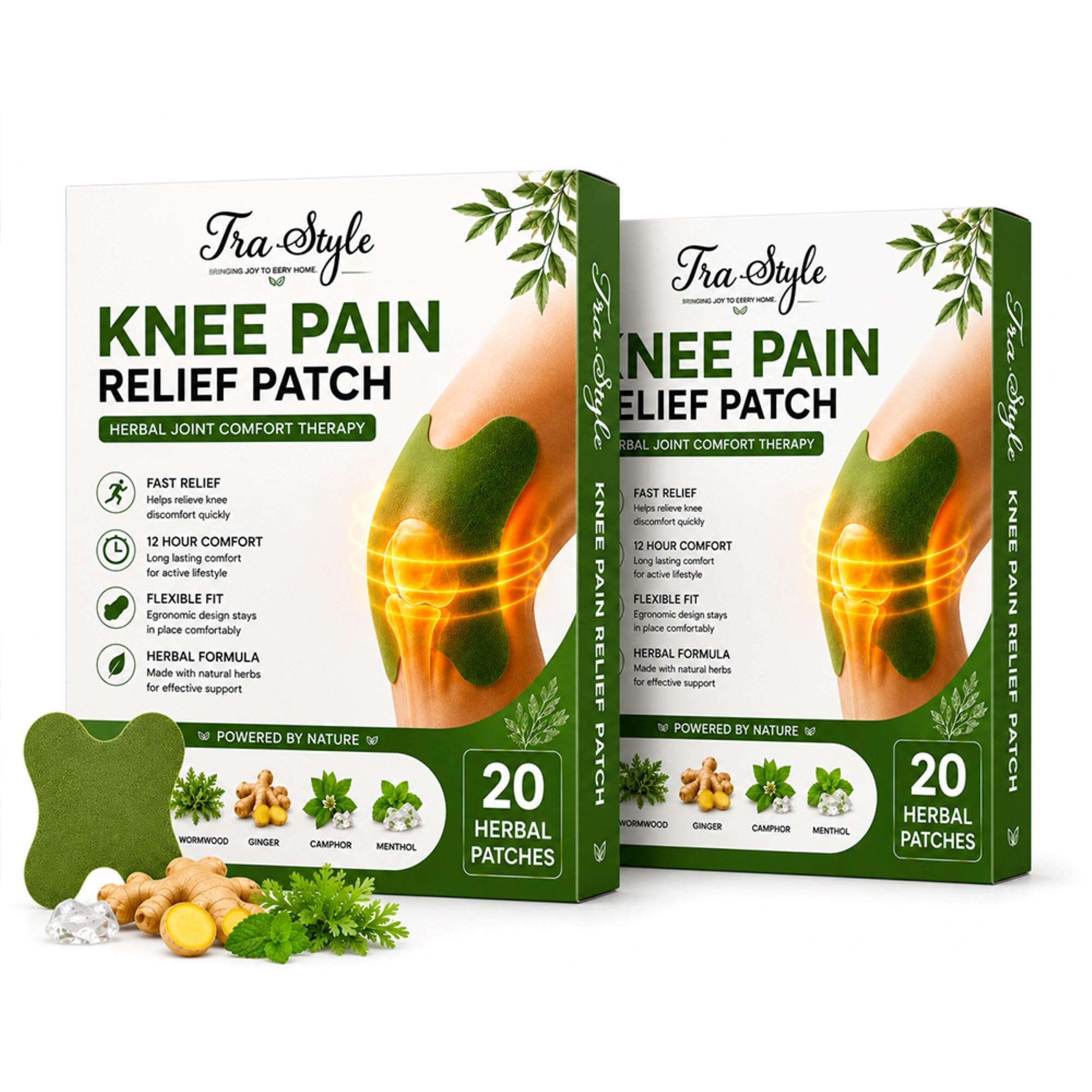 Knee Patch for Quick Pain Relief | Herbal Wormwood Ginger Camphor Patch for Knee, Back, Neck & Shoulder (20)