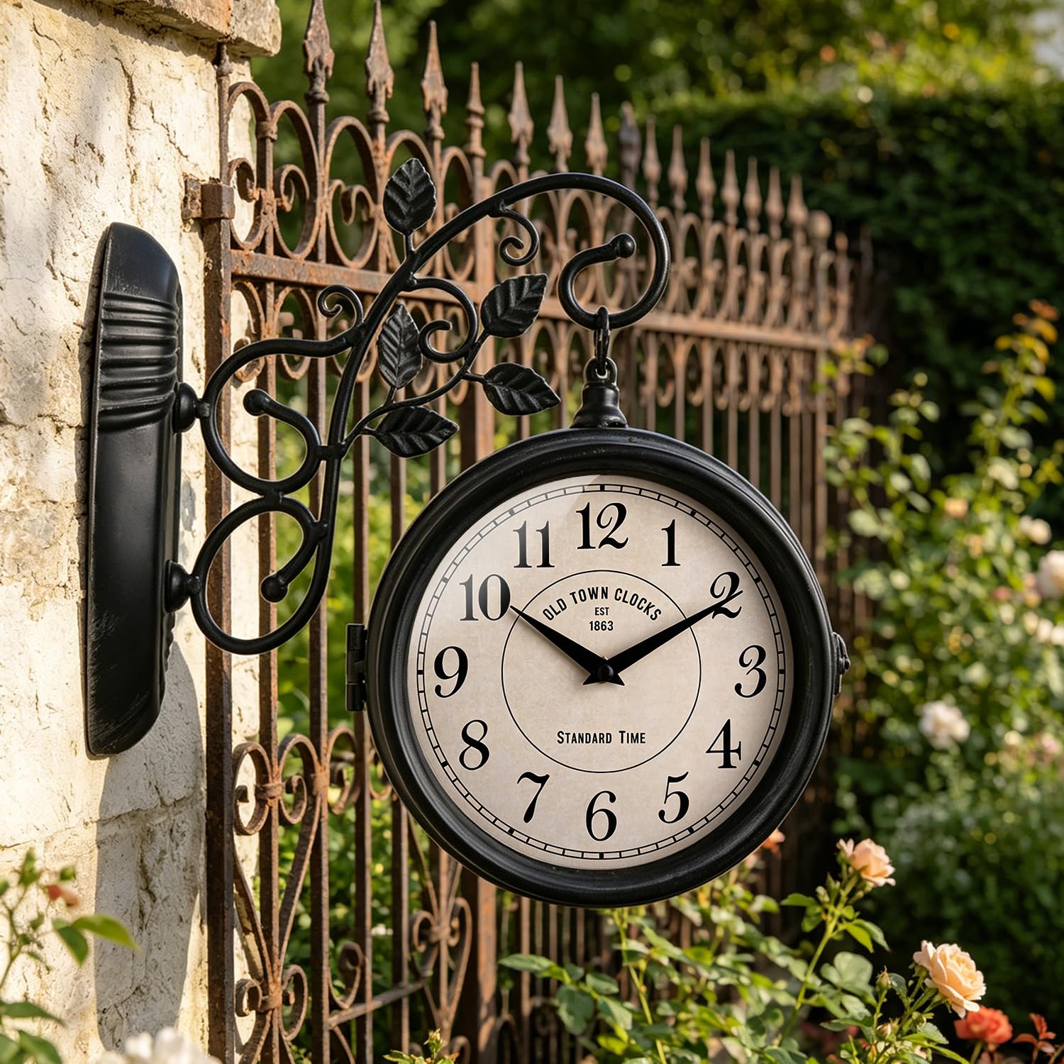 Metal Double Sided Hanging Clock with Retro Black Sturdy Frame,Glass Lens,Silent Quartz Movement, Indoor/Outdoor Double-Sided Decorative Wall Clock for Home Décor Farmhouse Station Office Garden
