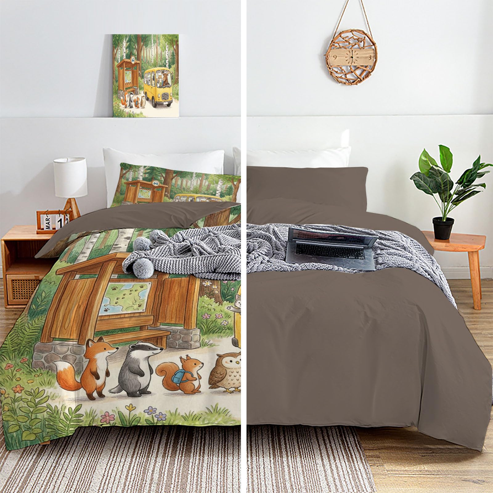 Juego de Fundas Nórdica, 260x240cm Juego de Ropa de Cama Autobús De Animales Funda de Edredón Libros Ilustrados Infantiles con Fundas de Almohada para Niños, Adolescentes, Adultos, Amarillo Verdoso