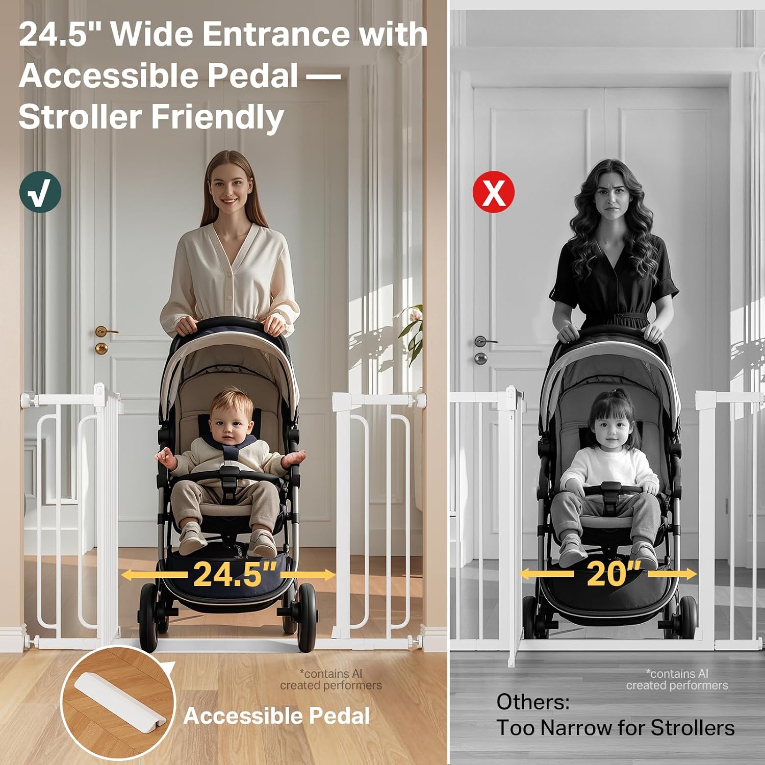 Comparison of hardware-mounted and pressure-mounted baby gate installations, showing a drill for hardware mount and a hand tightening a pressure bolt.