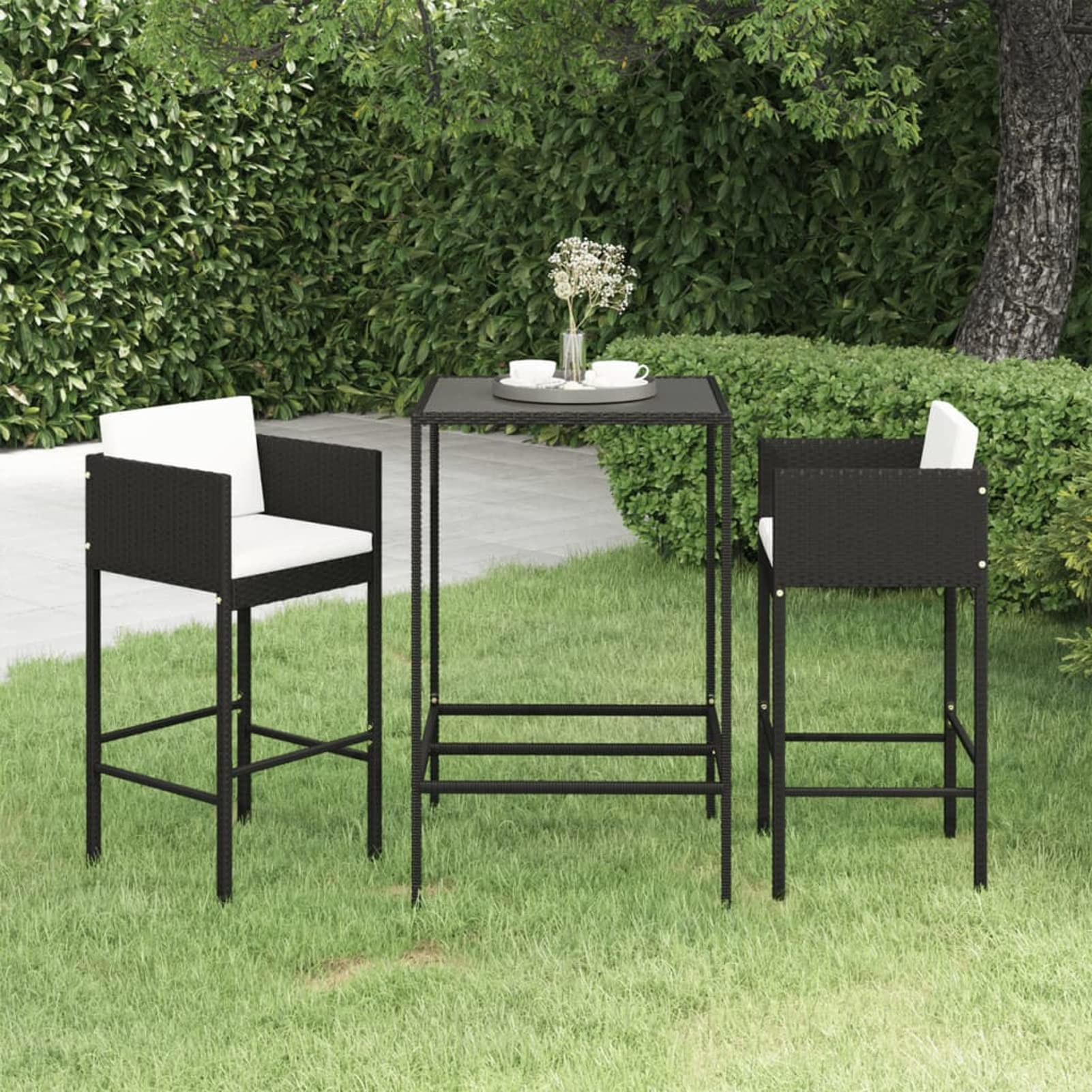 Gecheer Set da Bar da Giardino in Acciaio e Polyrattan e Vetro, Tavolo e Sedie Alti con Braccioli per Esterno