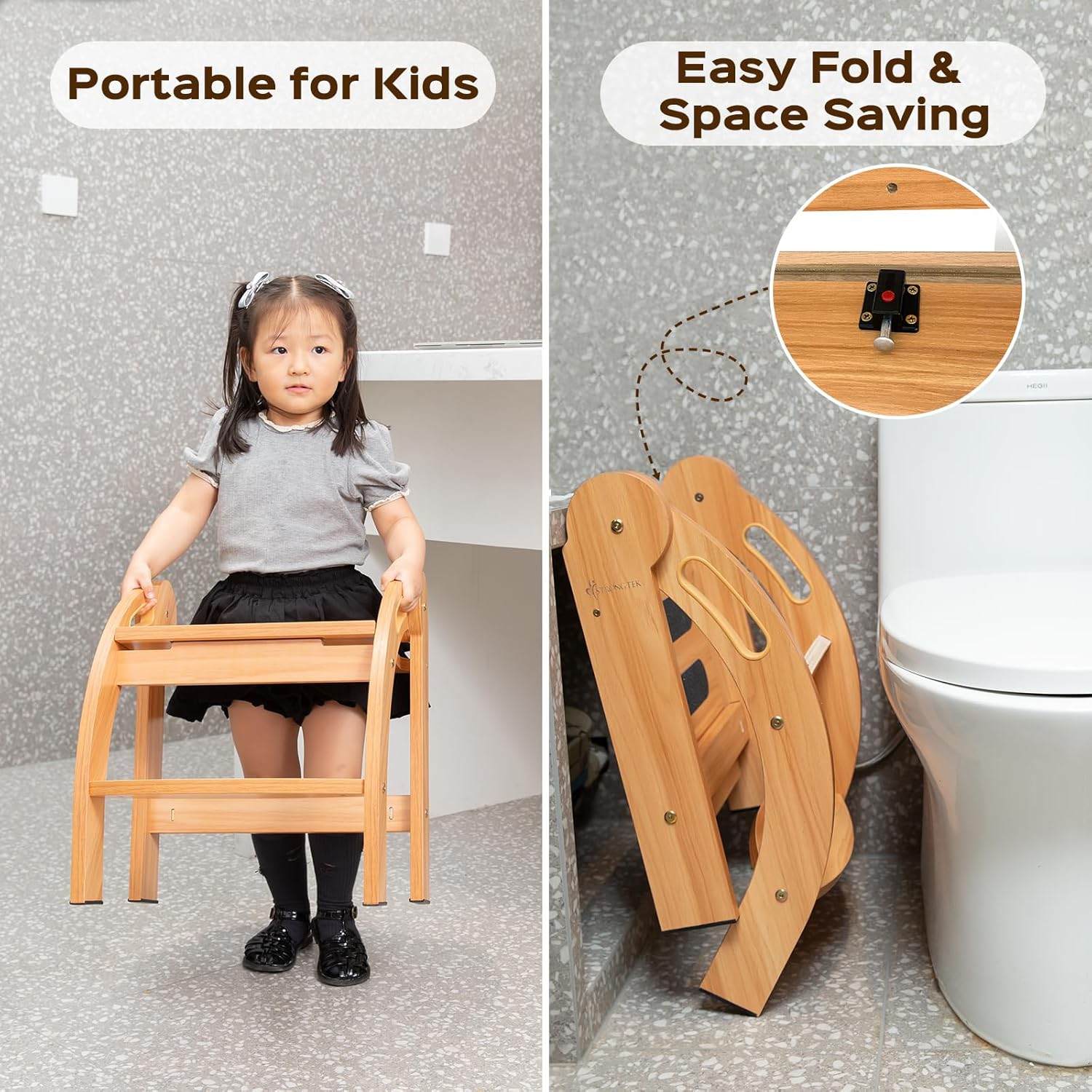 StrongTek Kids Step Stool with Handrails, Foldable Safety Stool, Wide Non-Slip Surface, 12-Inch Wooden Step Ladder for Bathroom, Kitchen & Bedroom