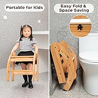 Vista 6 de StrongTek Taburete infantil con pasamanos, taburete de seguridad plegable, amplia superficie antideslizante, escalera de madera de 12 pulgadas